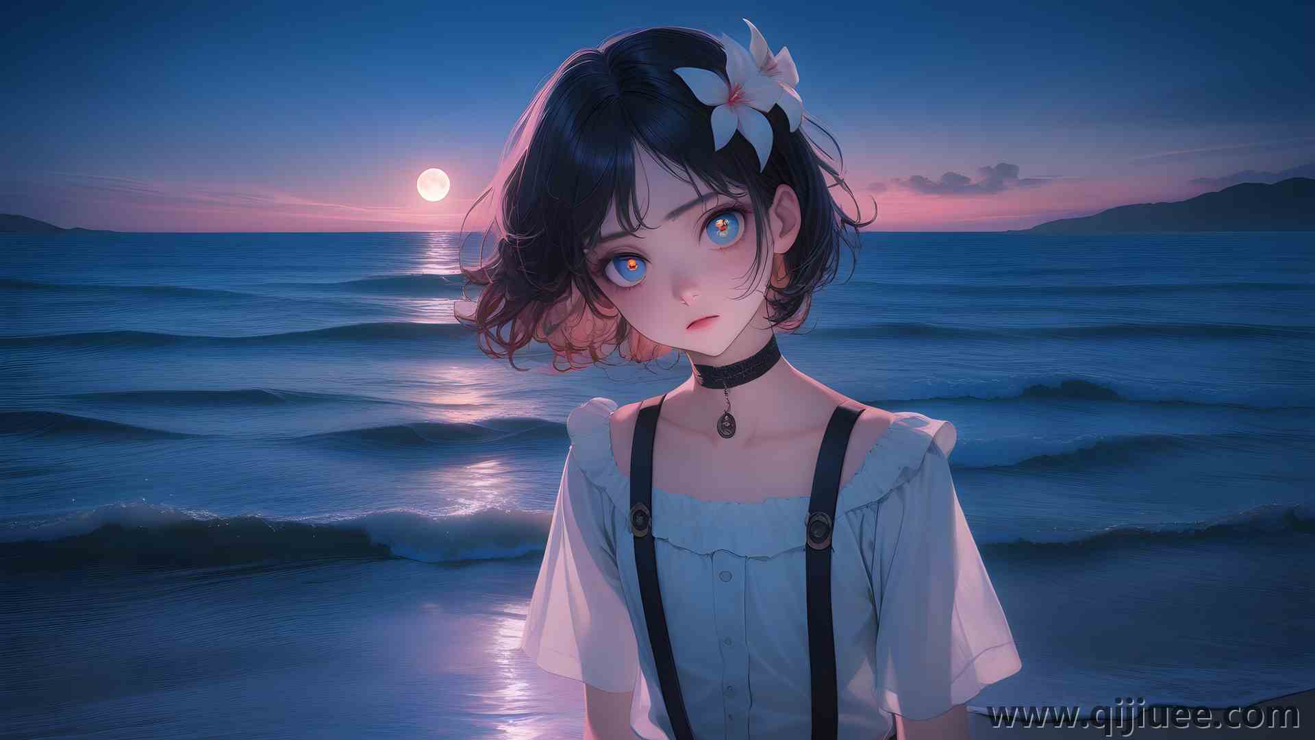 动漫女孩 人工智能艺术 超现实主义 海滩 日落 电脑壁纸 4K壁纸5376 x 3072/2.85 MB-柒染云阁