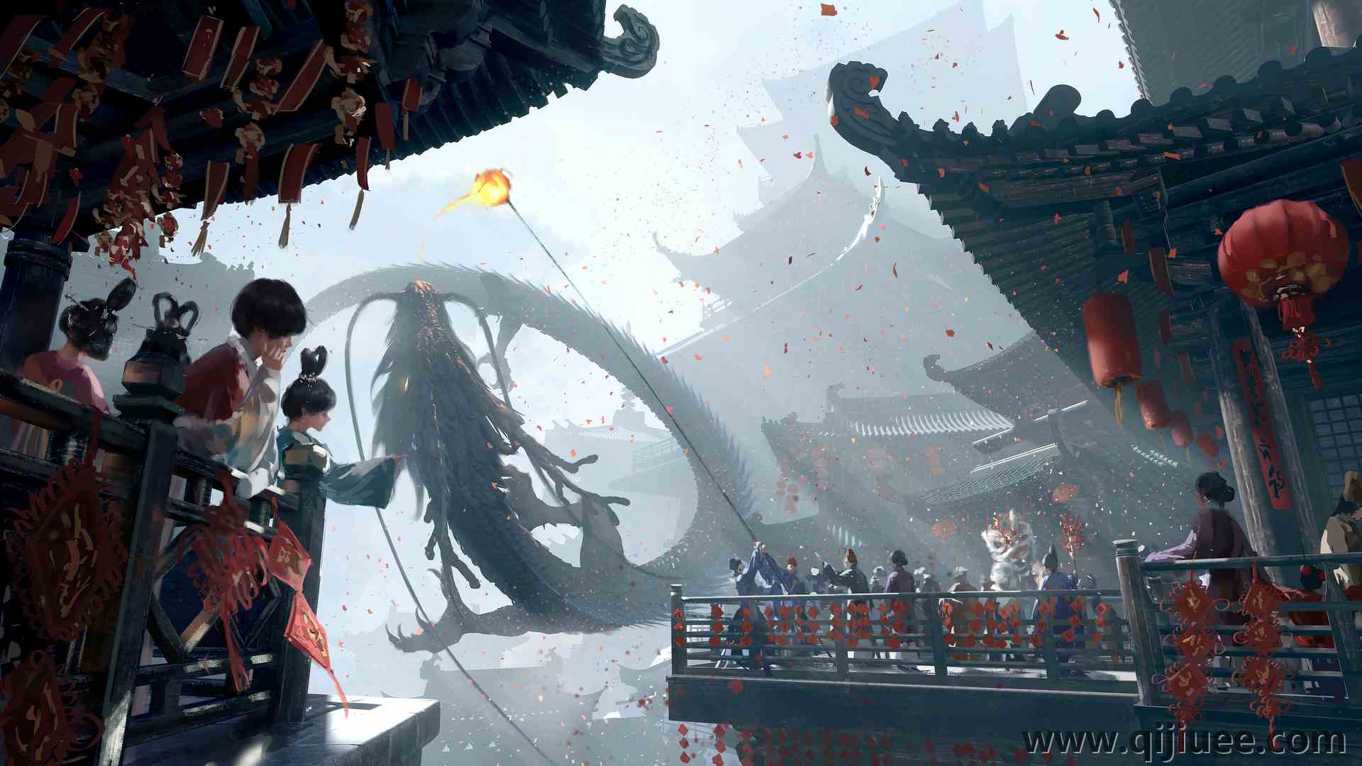 群组 数字艺术 艺术品 插图 奇幻艺术 龙 建筑 中国 节日 中国龙 电脑壁纸 4K壁纸4800 x 2763/7.56 MB-柒染云阁