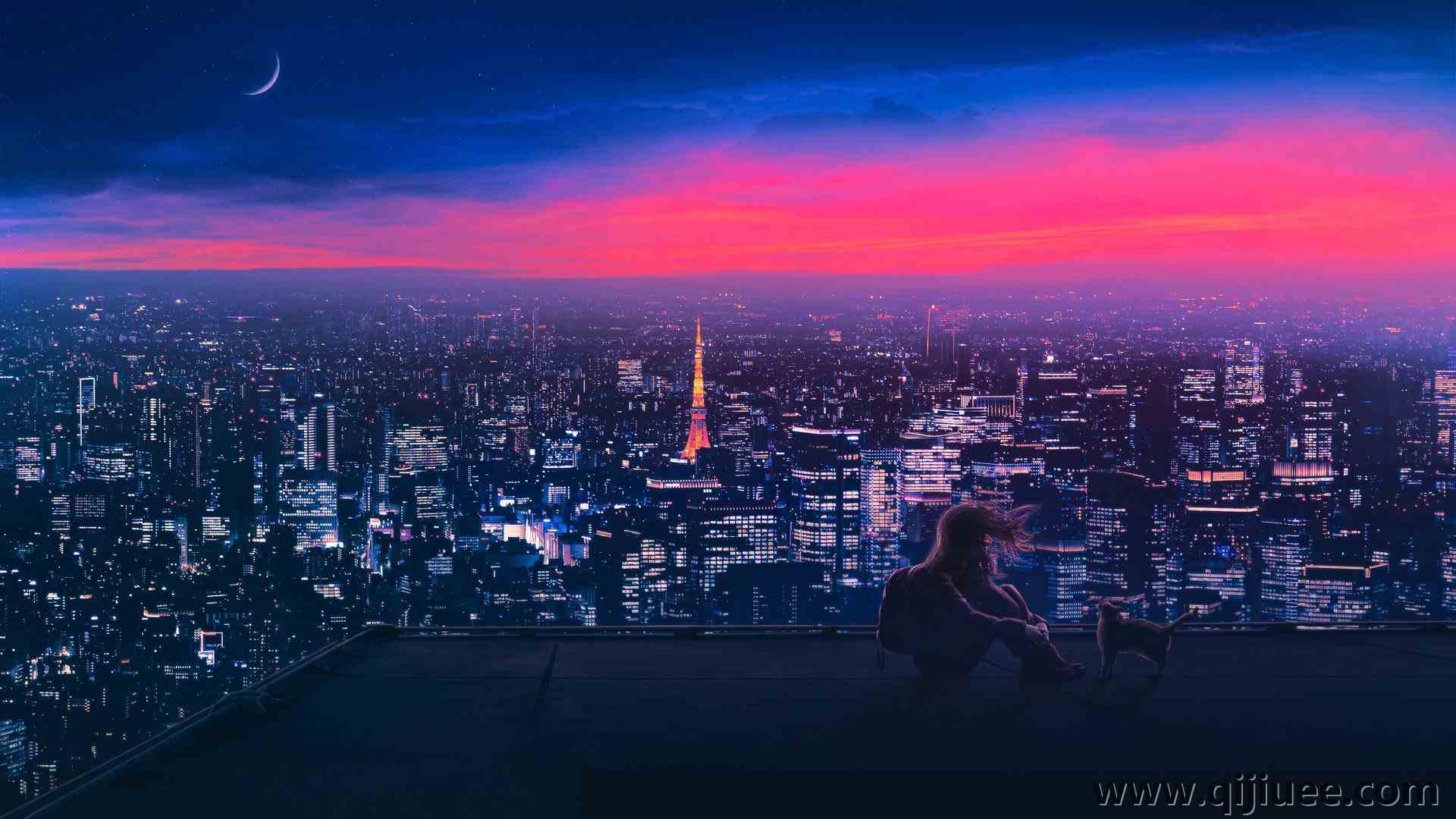 女性 坐着 数字艺术 艺术品 插图 城市 城市景观 夜晚 月亮 电脑壁纸 4K壁纸3840 x 2160/1.23 MB-柒染云阁