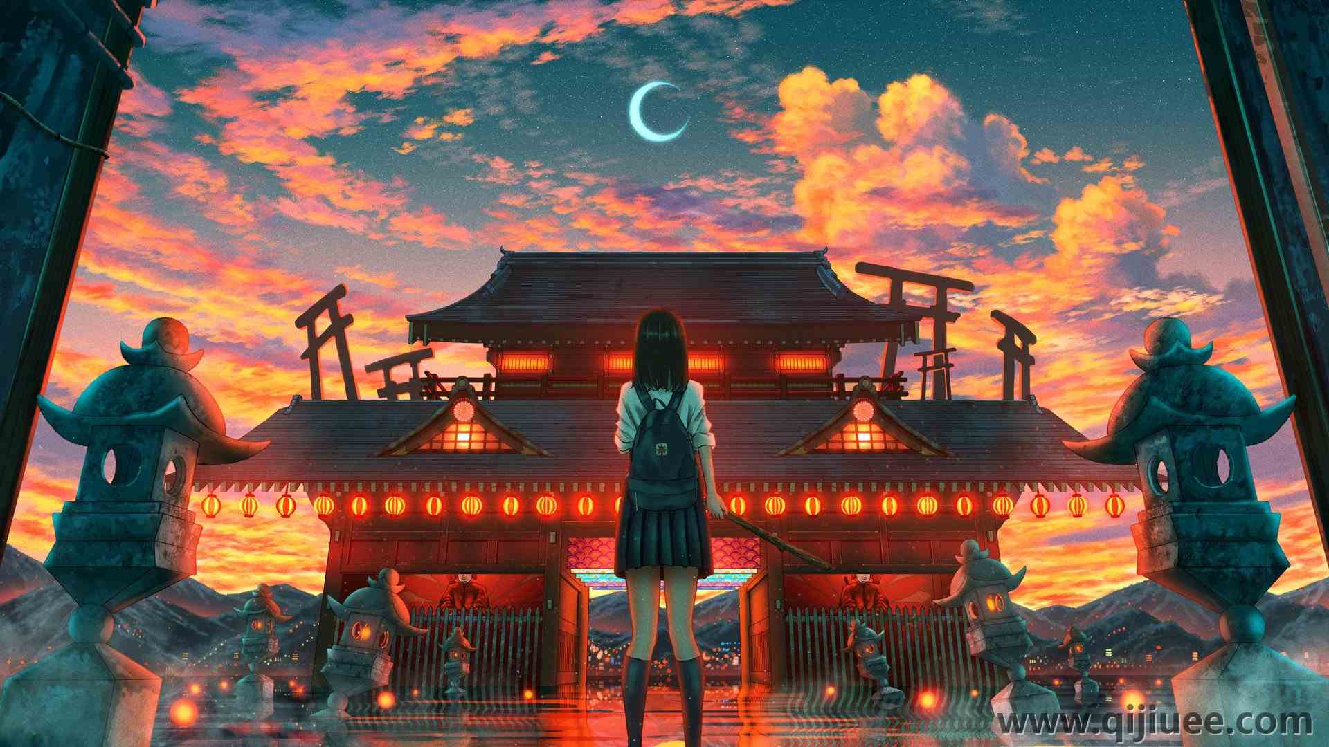 奇幻艺术 天空 云 星星 月亮 裙子 日落 建筑 后视 新月 电脑壁纸 4K壁纸3840 x 2160/1.74 MB-柒染云阁