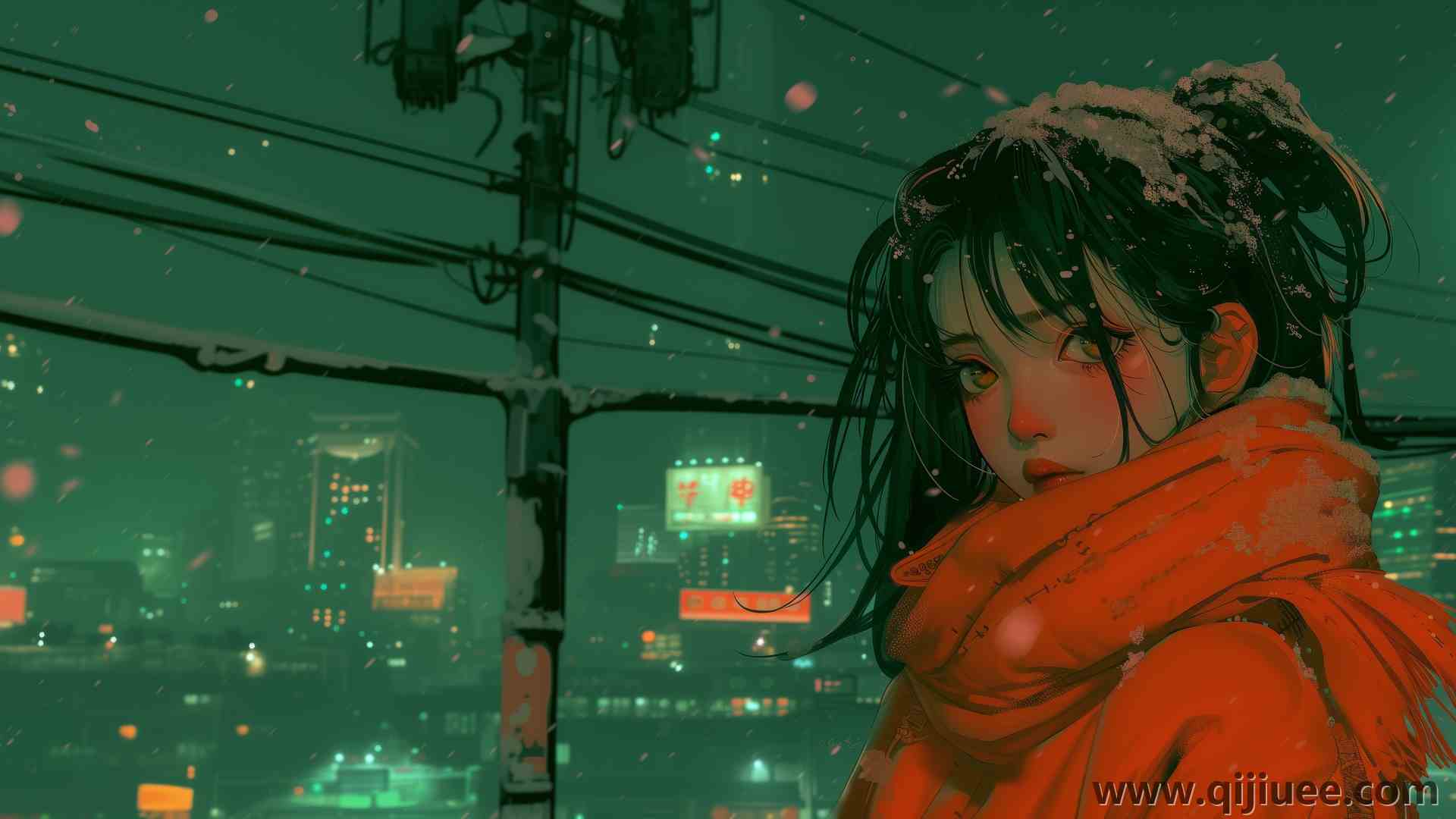 女人 人工智能艺术 橙色 动漫 动漫女孩 围巾 雪 霓虹灯 城市 插图 电脑壁纸 4K壁纸6144 x 3072/10.11 MB-柒染云阁