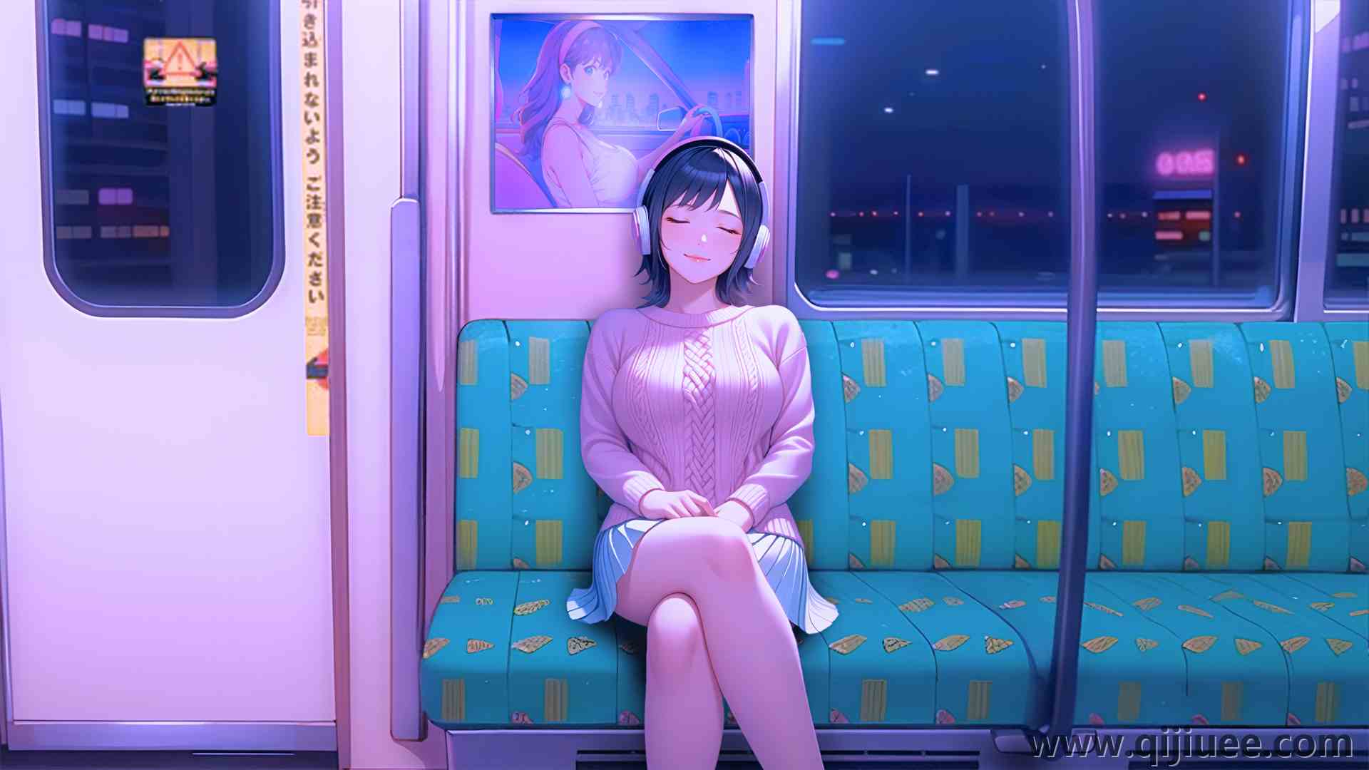 动漫女孩 地铁 霓虹灯 耳机 蓝裙 电脑壁纸 4K壁纸3840 x 2160/7.81 MB-柒染云阁