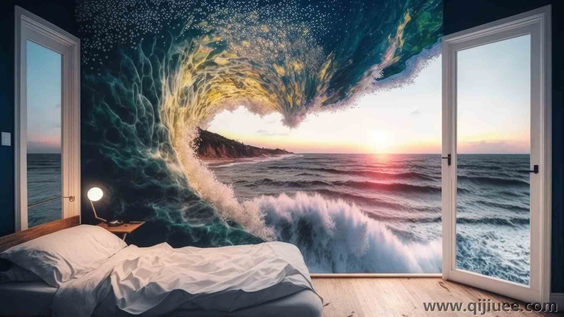 AI艺术 插图 波浪 卧室 夕阳 水 床 枕头  电脑壁纸 4K壁纸4579 x 2616/7.33 MB-柒染云阁