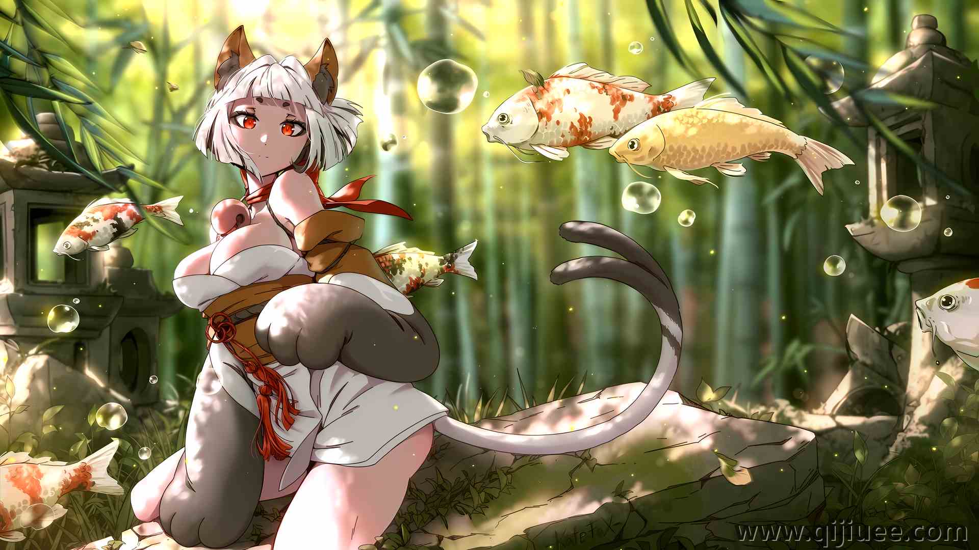 凯特-福 猫女孩 红眼睛 白头发 猫耳朵 鱼 锦鲤 鲤鱼 尾巴 爪子 电脑壁纸 4K壁纸4496 x 2528/10.67 MB-柒染云阁