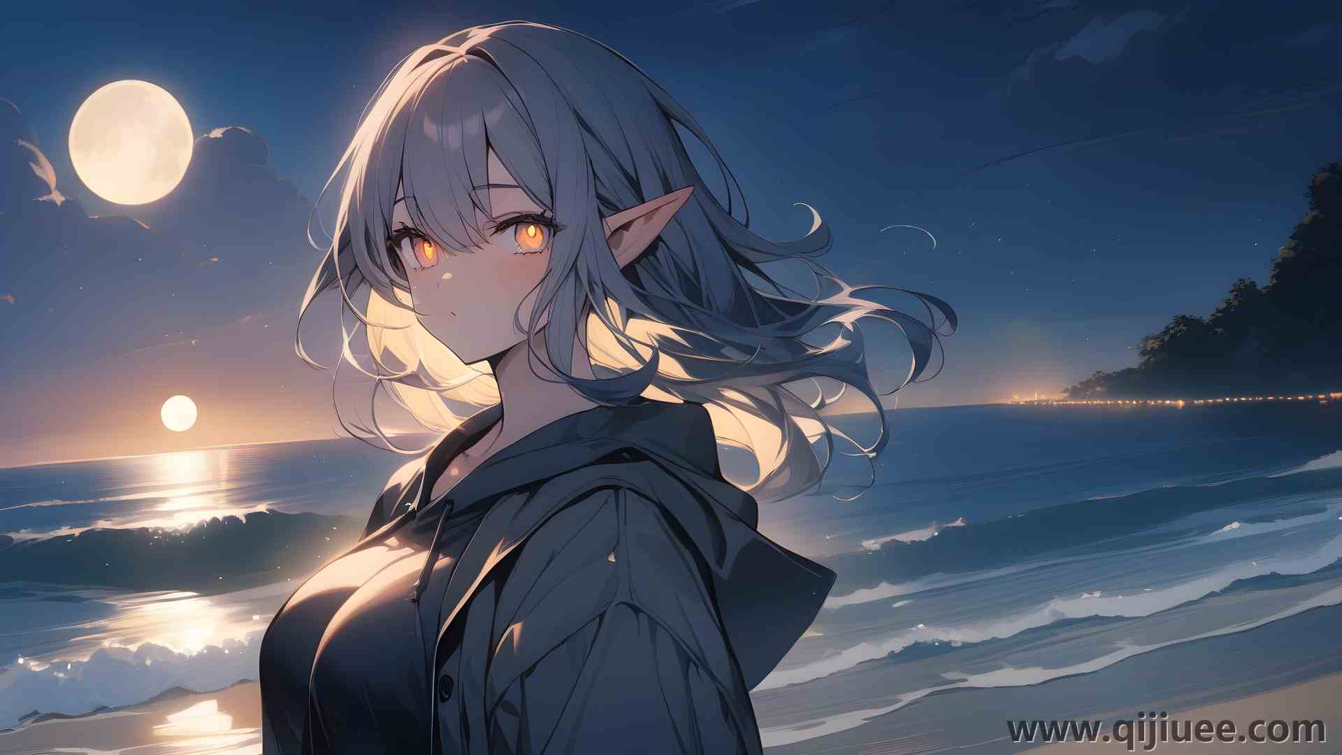 动漫女孩 人工智能艺术 月光 海滩 尖耳朵 电脑壁纸 4K壁纸5376 x 3072/2.32 MB-柒染云阁