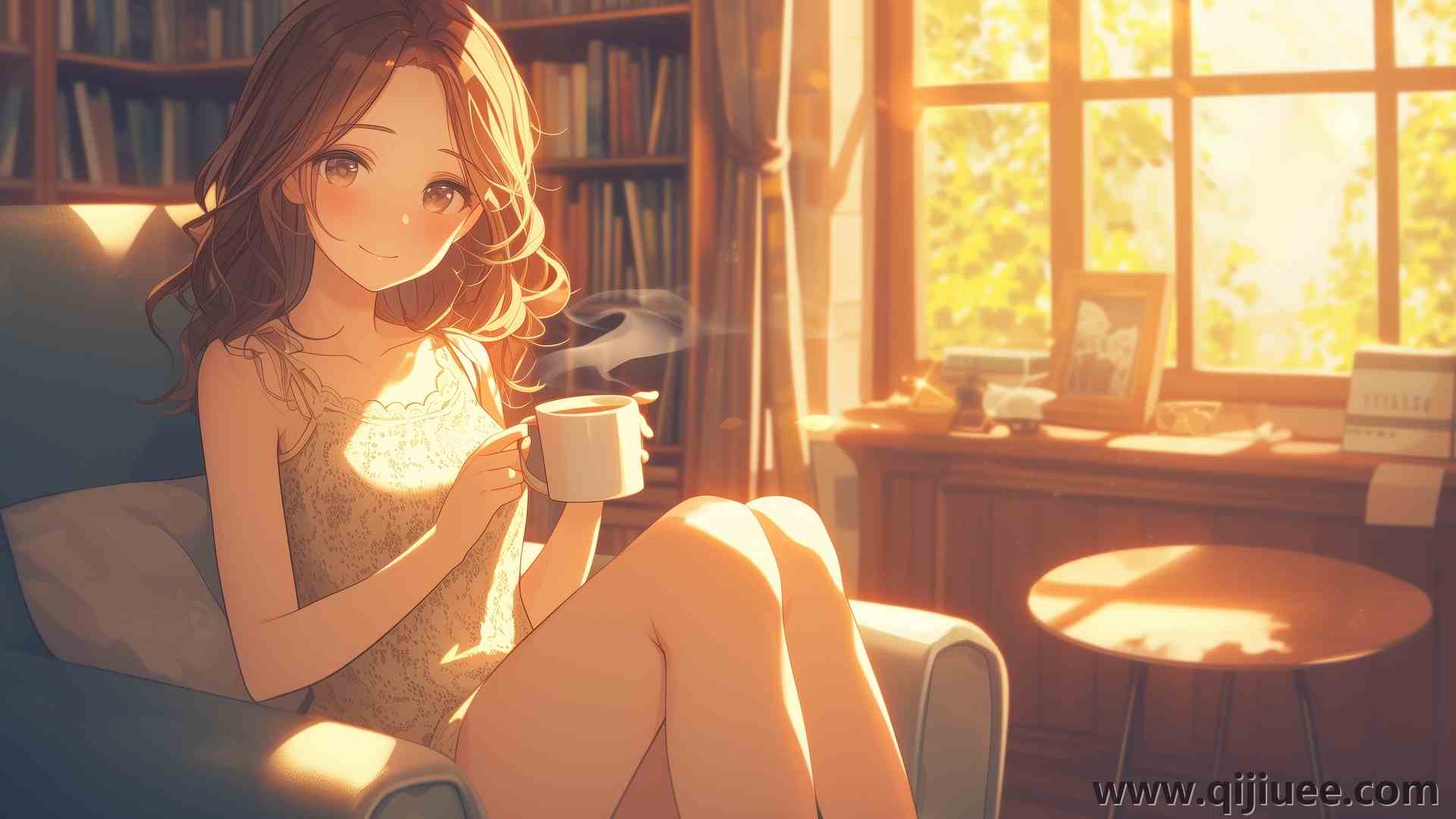 女人 坐着 微笑 人工智能艺术 动漫 动漫女孩 插图 扶手椅 图书馆 喝酒 茶 室内 电脑壁纸 4K壁纸5824 x 3264/9.3 MB-柒染云阁