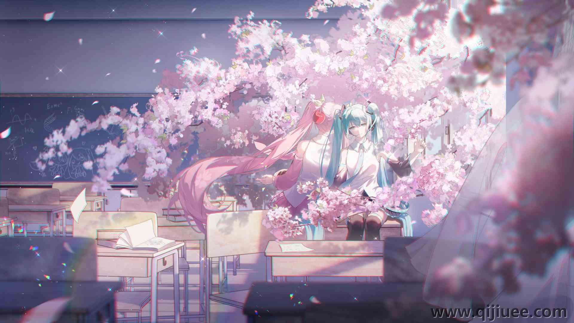动漫 动漫女孩 小提琴 樱花 花瓣 教室 双尾 电脑壁纸 4K壁纸5425 x 3052/5.1 MB-柒染云阁