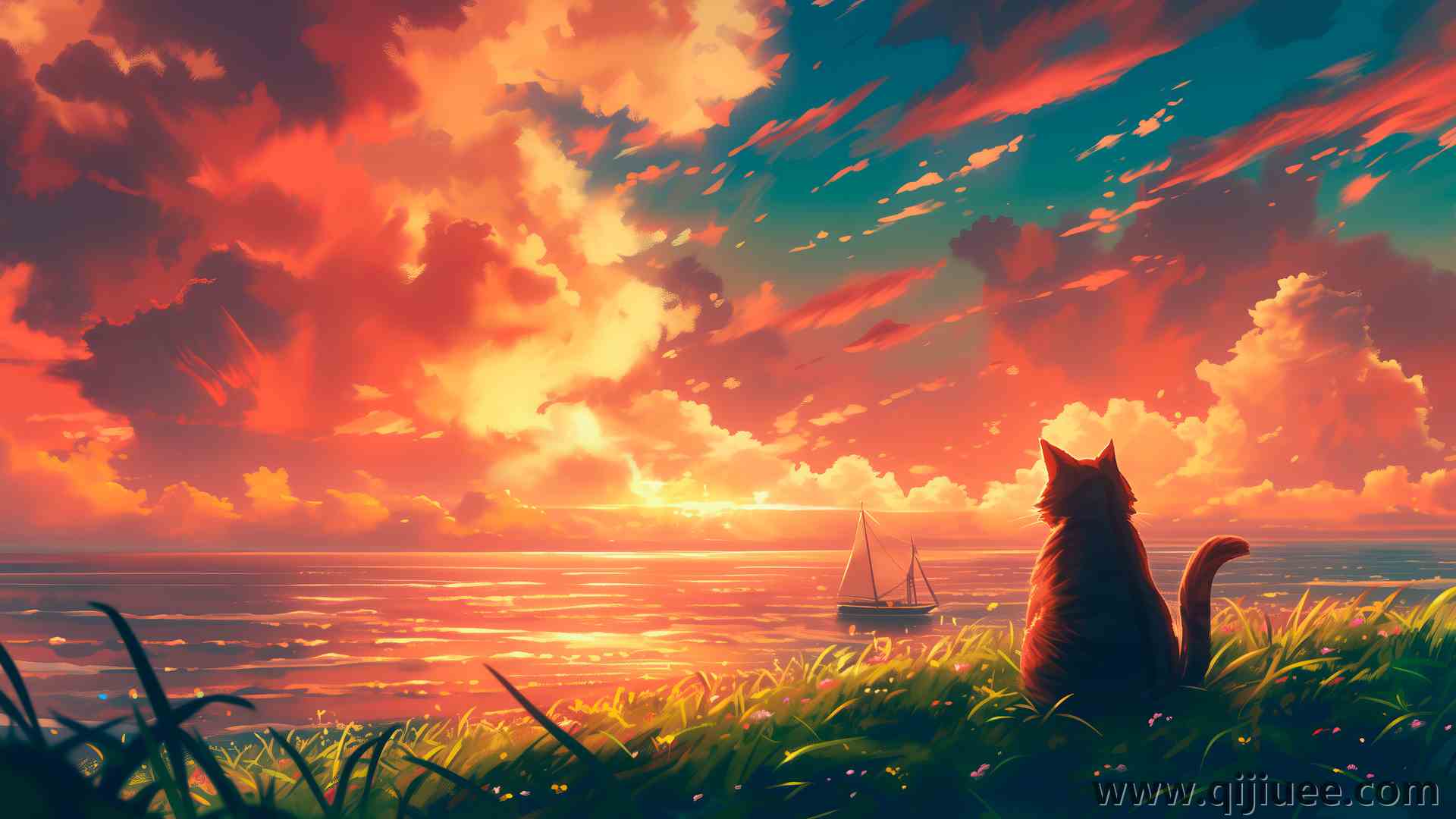 猫 自然 船 云 数字艺术 人工智能艺术 草 日落 电脑壁纸 4K壁纸5824 x 3264/2.99 MB-柒染云阁