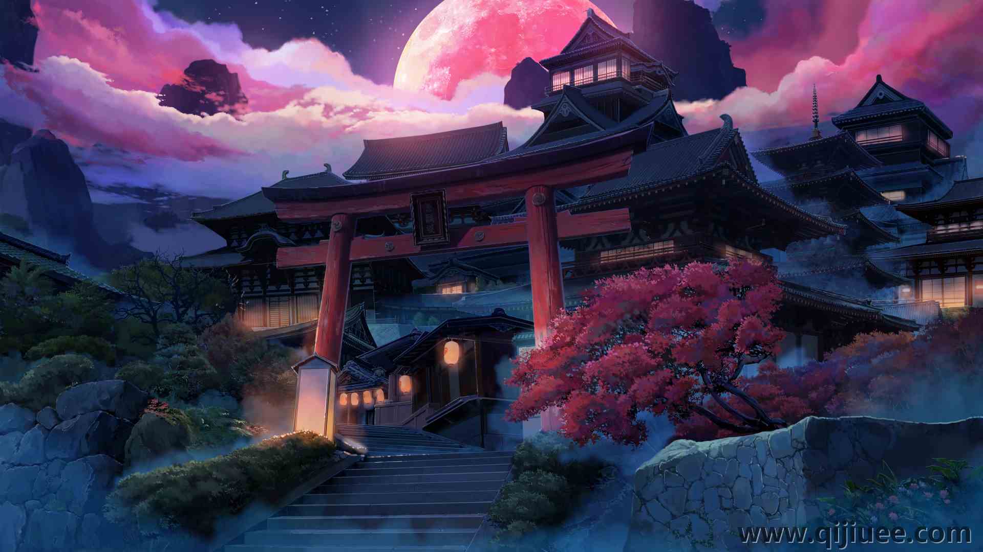 数字艺术 艺术品 插图 环境 夜 夜景 鸟居 云 月亮 建筑 建筑 城堡 电脑壁纸 4K壁纸5111 x 2874/2.41 MB-柒染云阁
