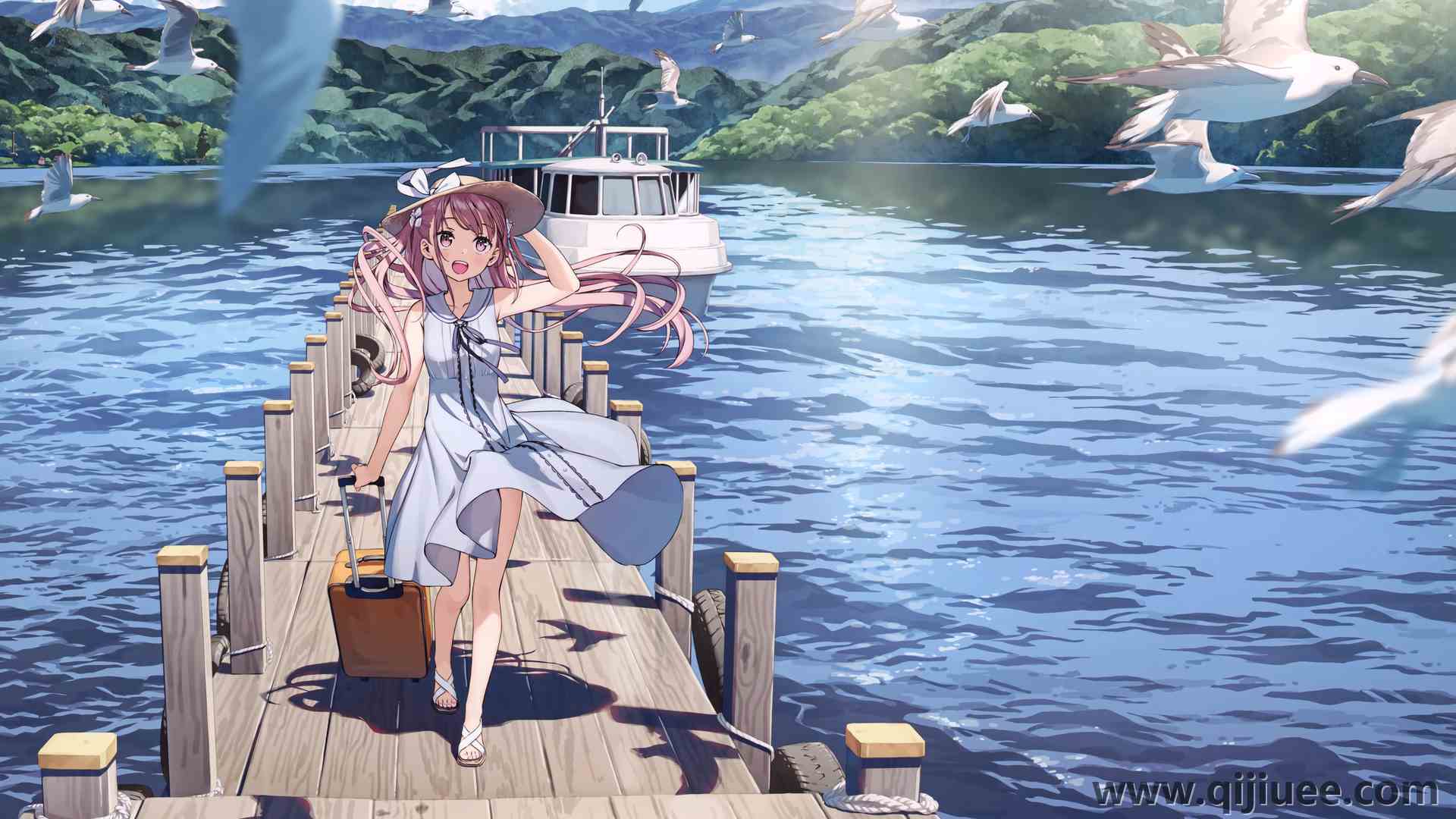 动漫女孩 船 海鸥  电脑壁纸 4K壁纸4969 x 3149/12.78 MB-柒染云阁