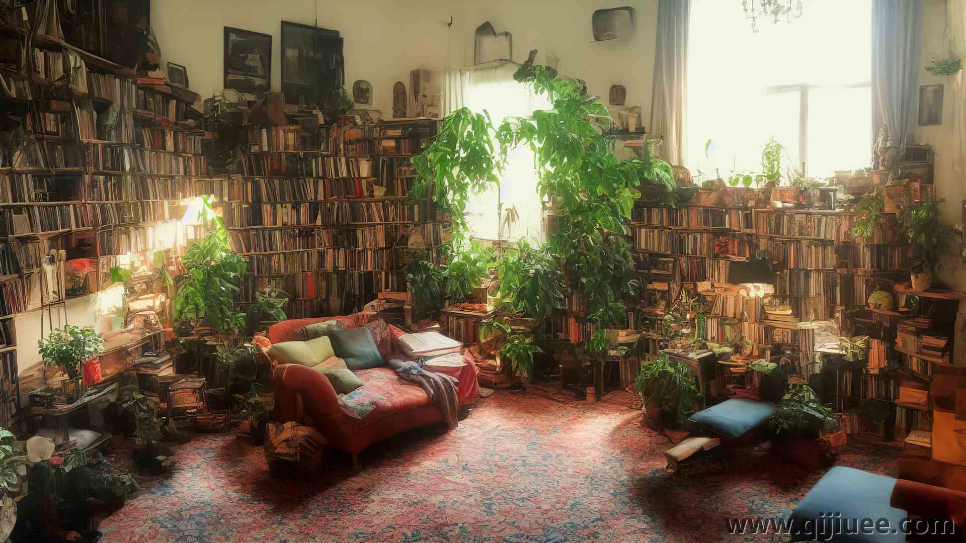 AI艺术 客厅 窗户 地毯 植物 书架 书籍 自然光 沙发  电脑壁纸 4K壁纸3840 x 2160/13.94 MB-柒染云阁