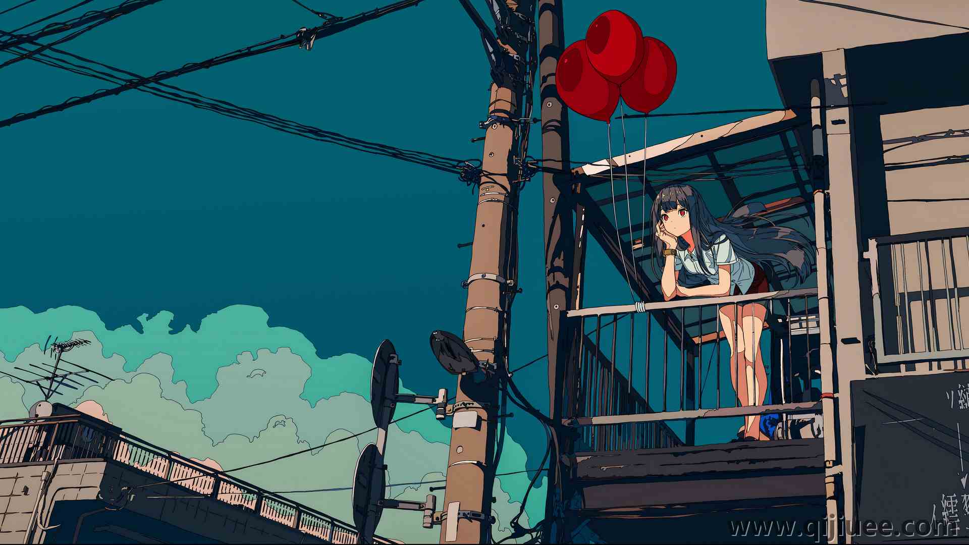 动漫女孩 天空 云 阳台  气球 电脑壁纸 4K壁纸5160 x 2160/18.84 MB-柒染云阁