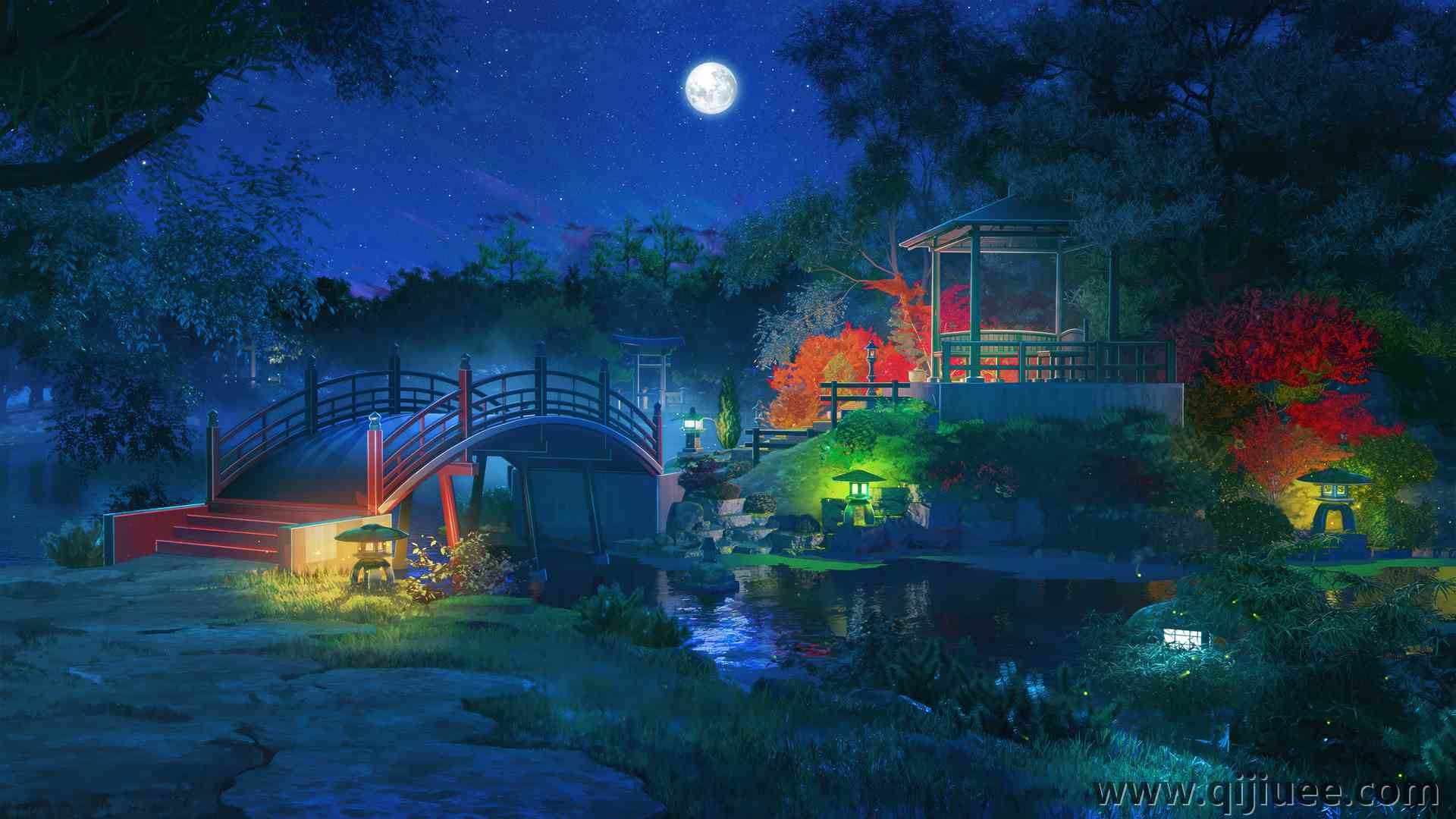 夜景 月亮 星星 星星的天空 桥梁 森林 自然 河 水 树 电脑壁纸 4K壁纸3840 x 2160/13.41 MB-柒染云阁