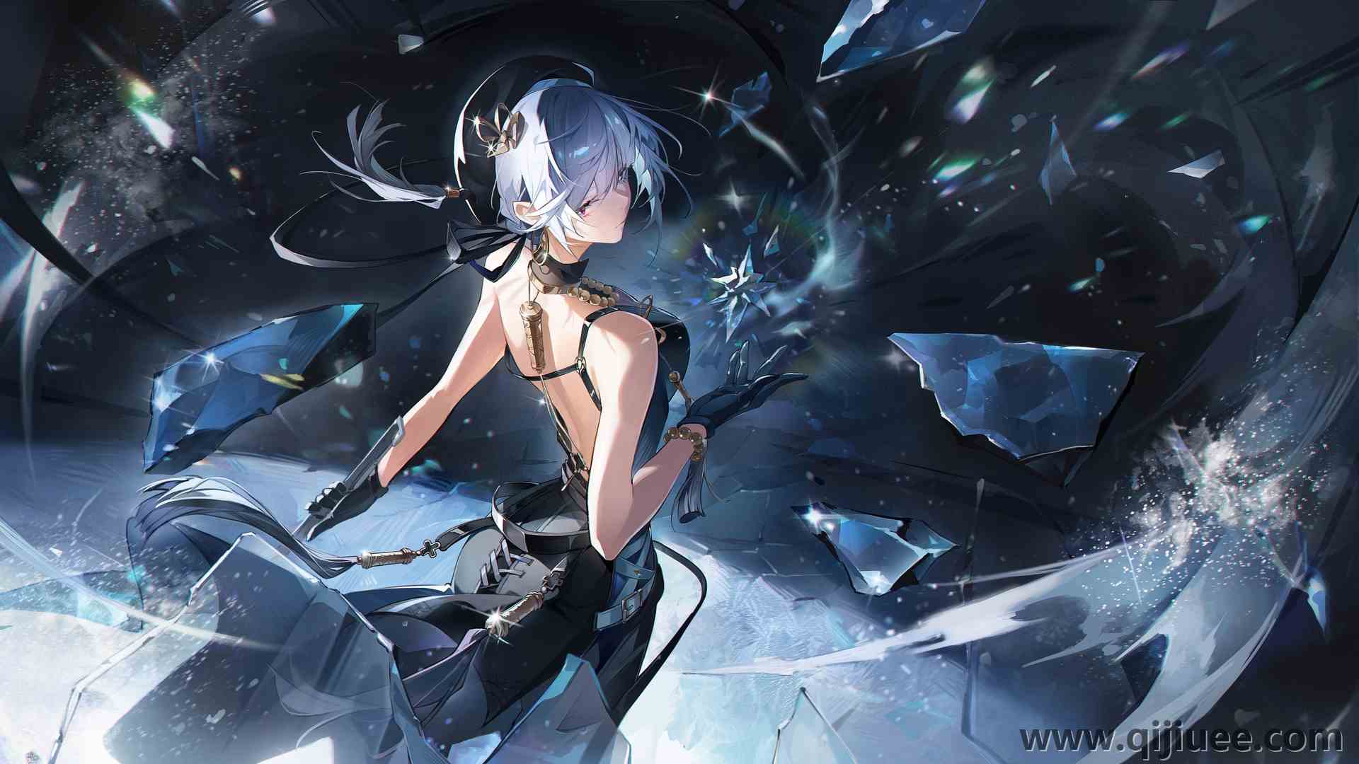 蓝色 玻璃碎片 动漫 动漫女孩  电脑壁纸 4K壁纸6000 x 3375/16.3 MB-柒染云阁
