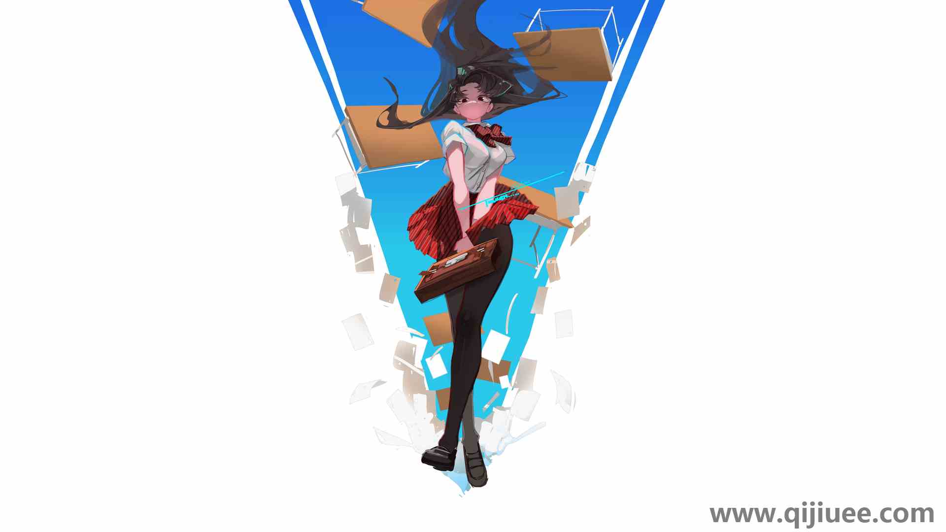 女学生 看着观众 长发 黑眼睛 红眼睛 黑色头发 素描 白色背景 格子裙  电脑贴纸 8 K贴纸7680 x 4320/6.18 MB-柒染云阁