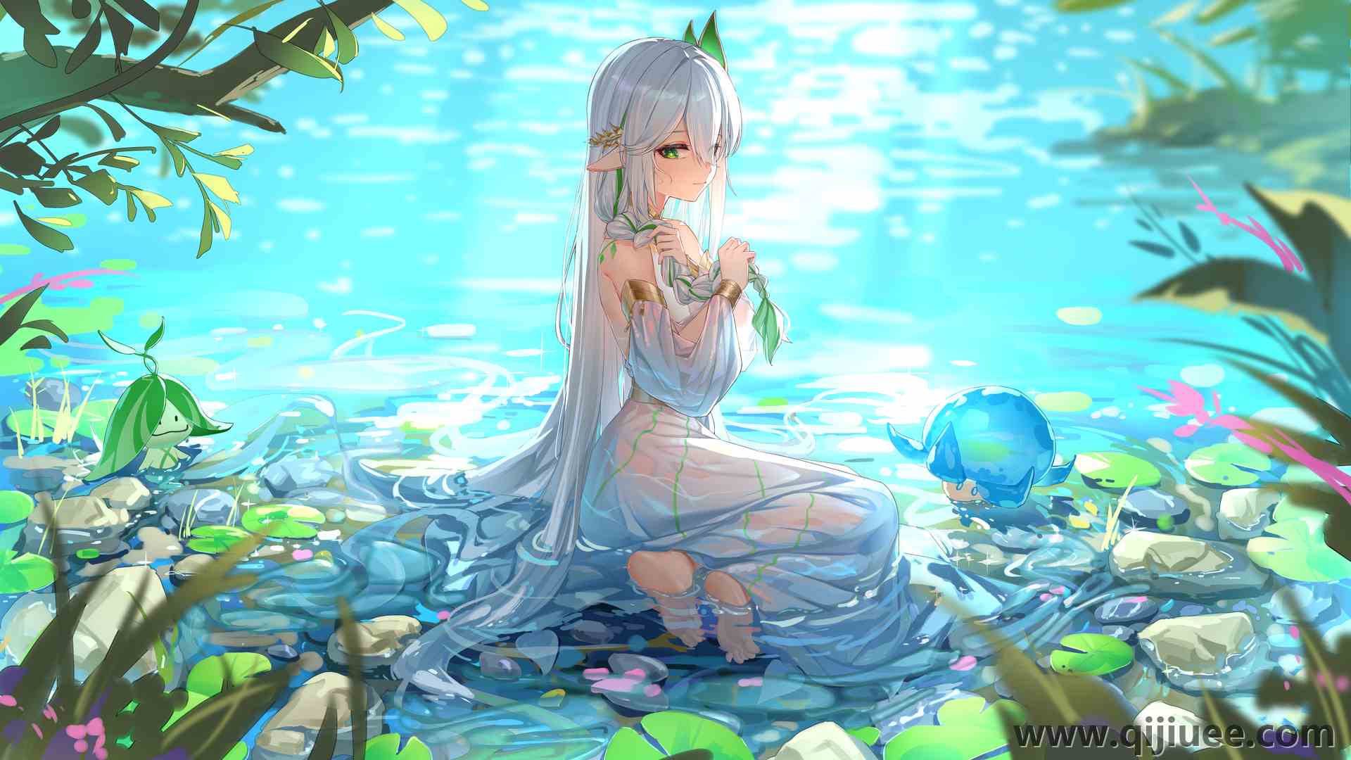 白发 长发 动漫 动漫女孩 连衣裙 水  电脑贴纸 8 K贴纸7680 x 4320/12.04 MB-柒染云阁