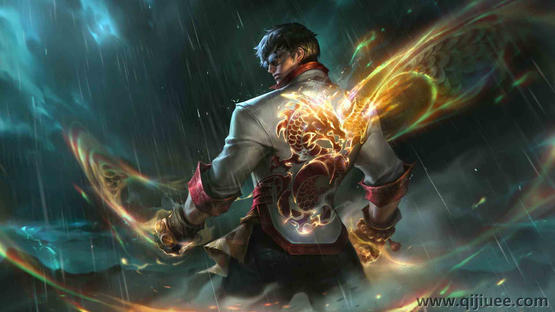 雨中 墨镜 金龙 战斗姿势 电脑贴纸 8K贴纸7680 x 4320/3.79 MB-柒染云阁