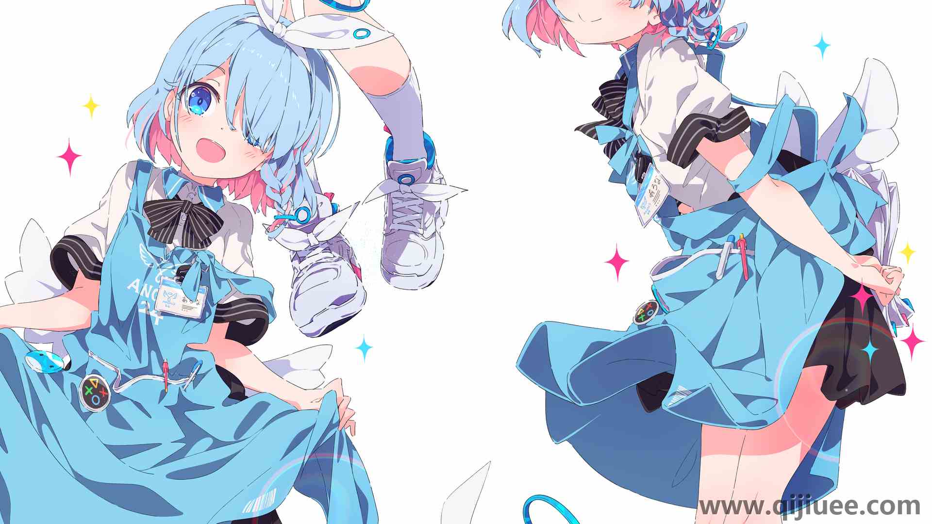 蓝色头发 虎牙 开心 萝莉 动漫 动漫女孩  电脑贴纸 4K贴纸3848 x 2976/4.24 MB-柒染云阁