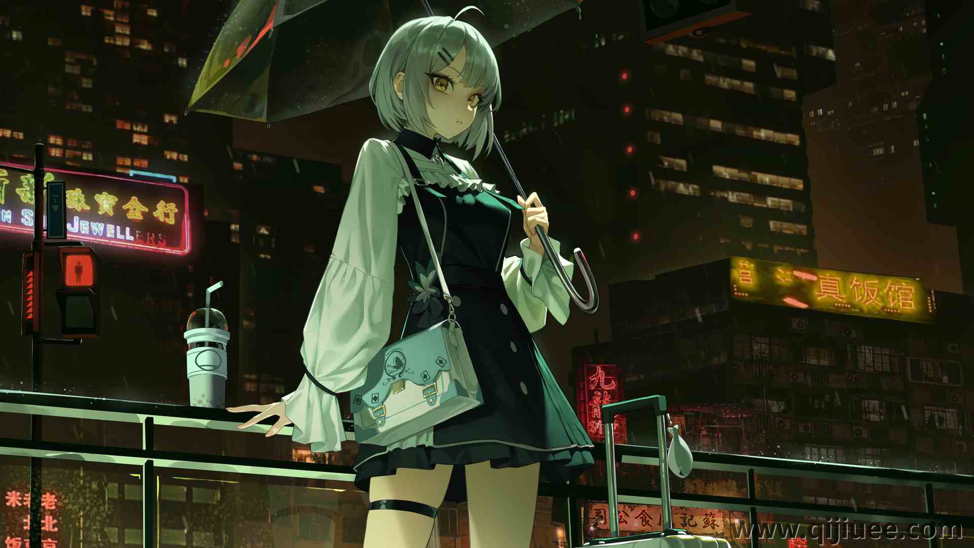 动漫 动漫女孩 雨 夜 裙子 手提箱 伞 城市 灰头发 黄眼睛 阳台  电脑壁纸 4K壁纸6830 x 6000/3.62 MB-柒染云阁