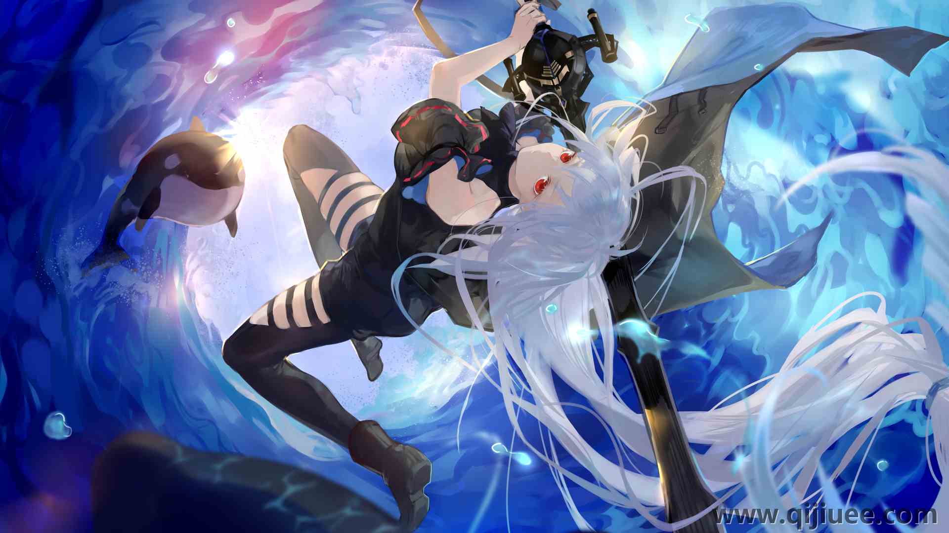 金发 长发 红眼睛 动漫 女孩 武士 斯卡迪 剑 海 披肩 虎鲸 水滴  电脑壁纸 4K壁纸5554 x 3541/6.73 MB-柒染云阁