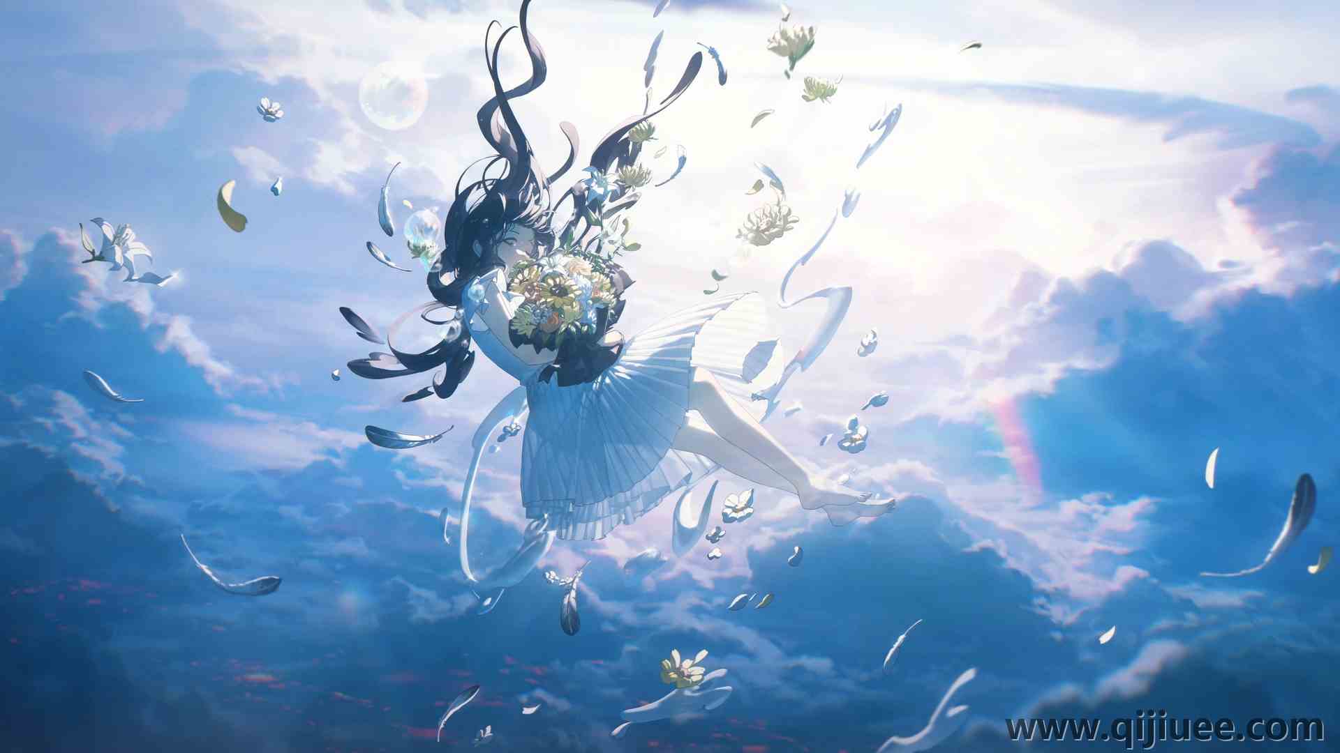 坠落 长发 白色连衣裙 花束 连衣裙 花 云 羽毛 花瓣 黑发 天空 阳光  电脑壁纸 4K壁纸5689 x 3000/3.13 MB-柒染云阁