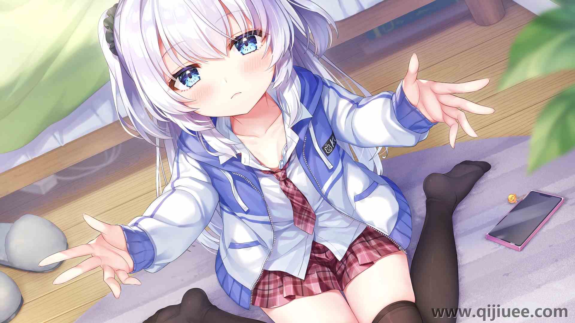蓝眼睛 跪着 动漫 女孩 银发 校服 长腿 萝莉 可爱 电脑壁纸 4K壁纸4000 x 3000/2.24 MB-柒染云阁