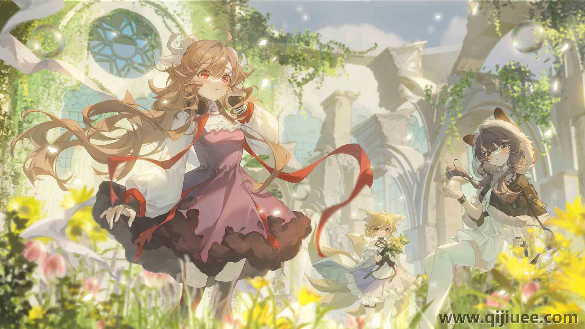 长发 兽耳 狐耳 狐尾 站立 动漫 女孩 花 明日方舟 连衣裙 脸红 树叶 天空 云彩  电脑壁纸 4K壁纸6000 x 3356/14.56 MB-柒染云阁