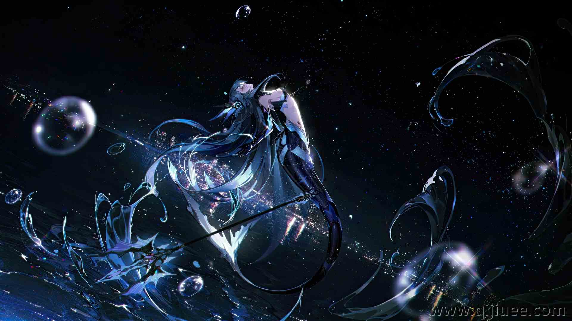 长发 闭眼 动漫 女孩 双尾 水 武器 城市 灯光 夜晚 星星 天空 水滴  电脑壁纸 4K壁纸3840 x 2160/1.5 MB-柒染云阁