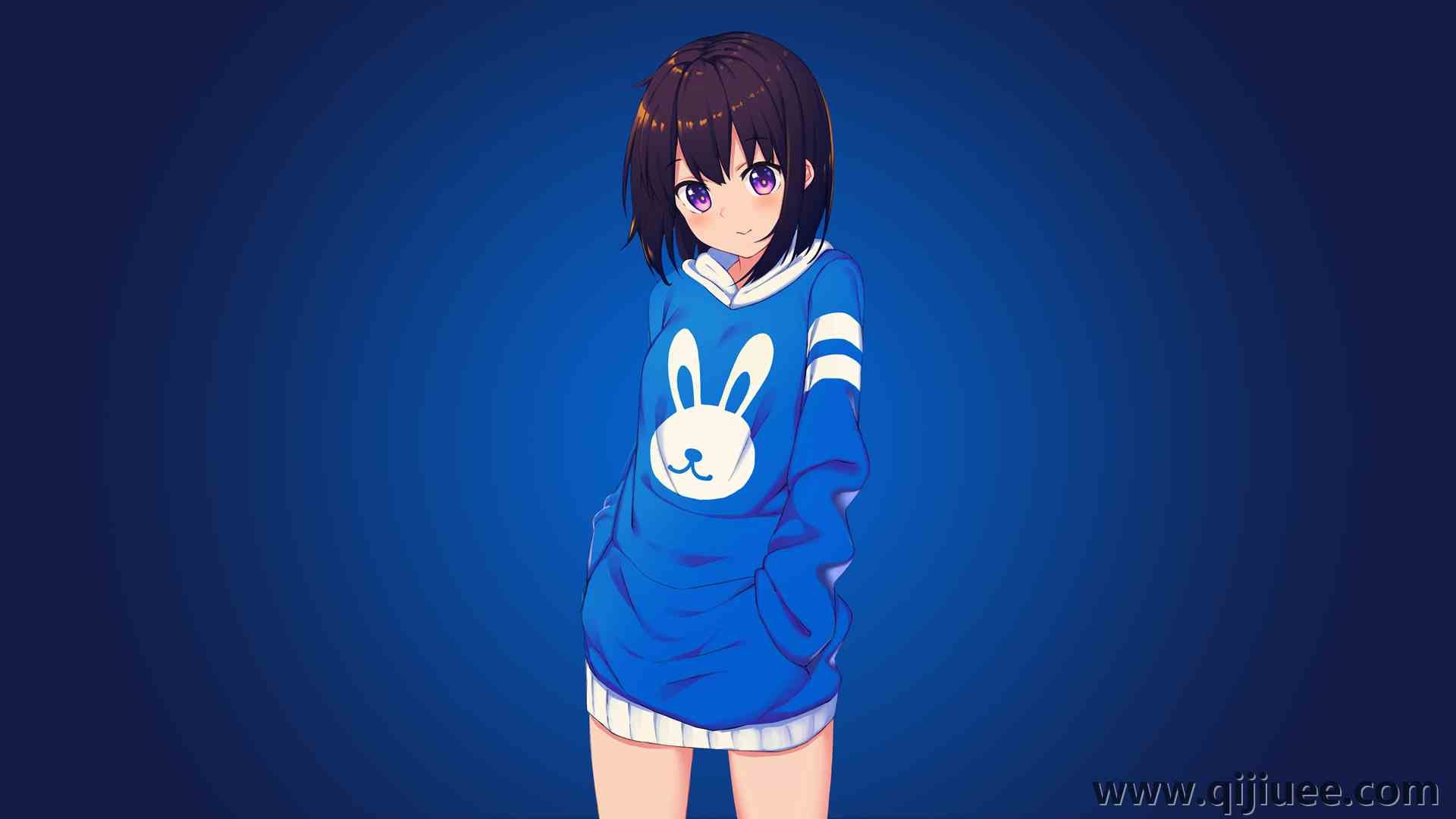 动漫 女孩 兔子 可爱 简单背景 蓝色  电脑壁纸 4K壁纸3840 x 2160/0.89 MB-柒染云阁
