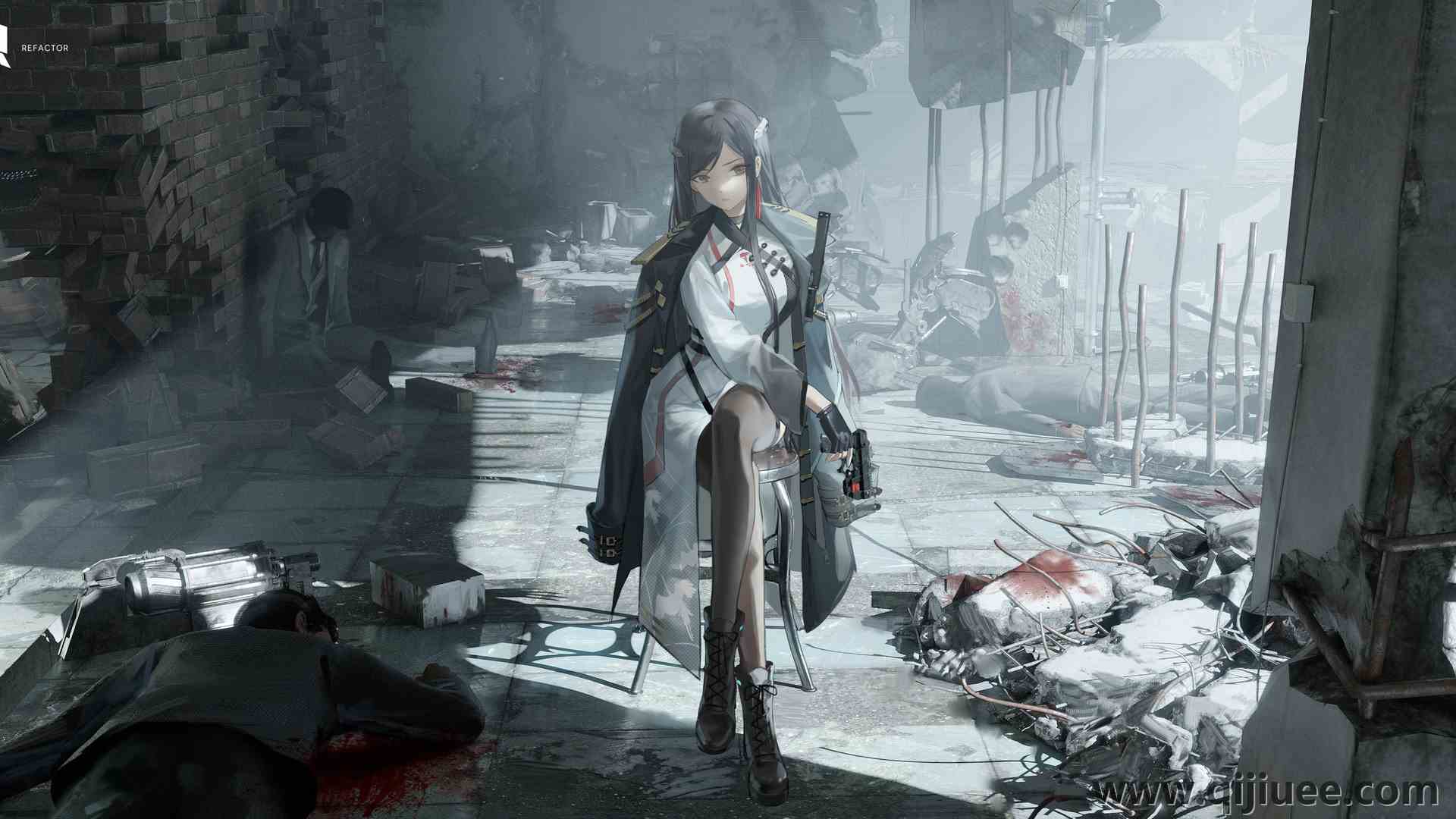 女孩 长发 动漫 凳子 手套 枪 夹克 制服  电脑壁纸 4K壁纸5602 x 2587/6.12 MB-柒染云阁