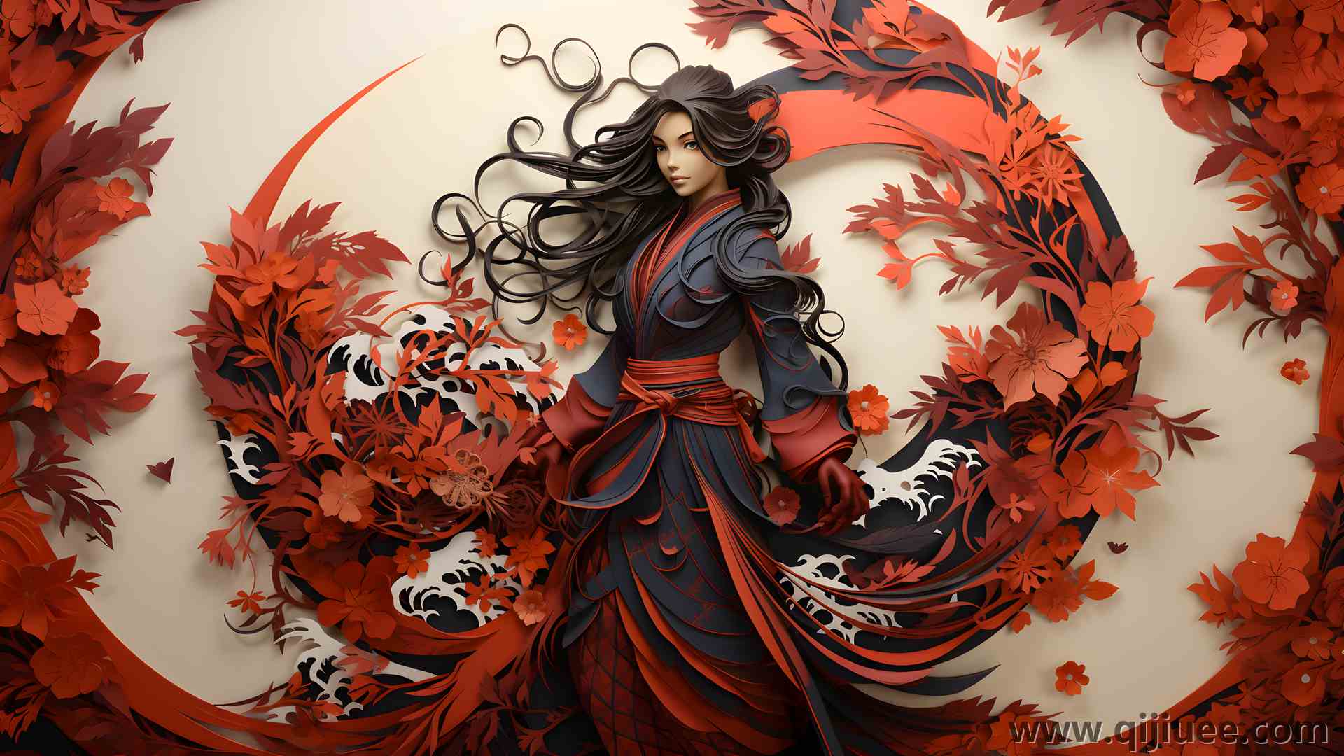 长发 AI艺术 剪纸 树叶 鲜花 红色 电脑壁纸 4K壁纸5824 x 3264/8.55 MB-柒染云阁