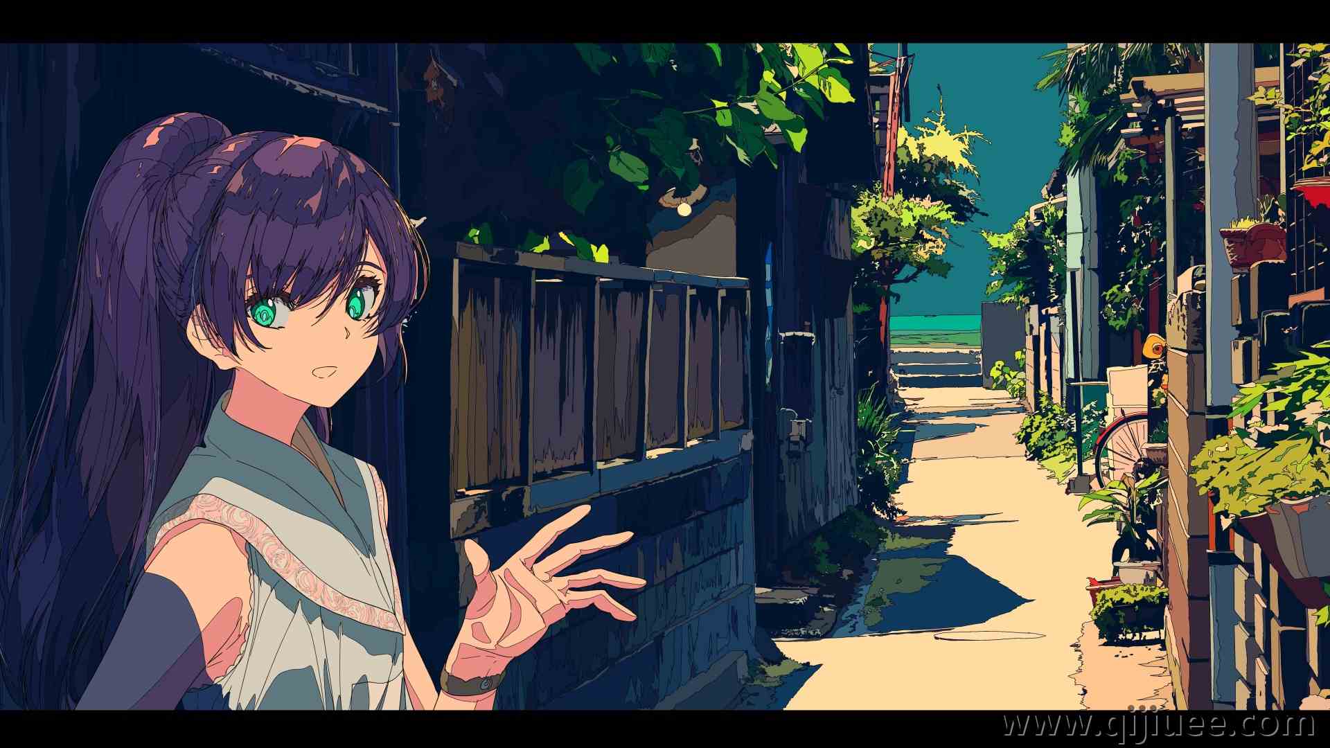 紫色 头发 马尾辫 绿色 眼睛 动漫 女孩 街头 艺术 电脑壁纸 8K壁纸10500 x 5044/8.73 MB-柒染云阁