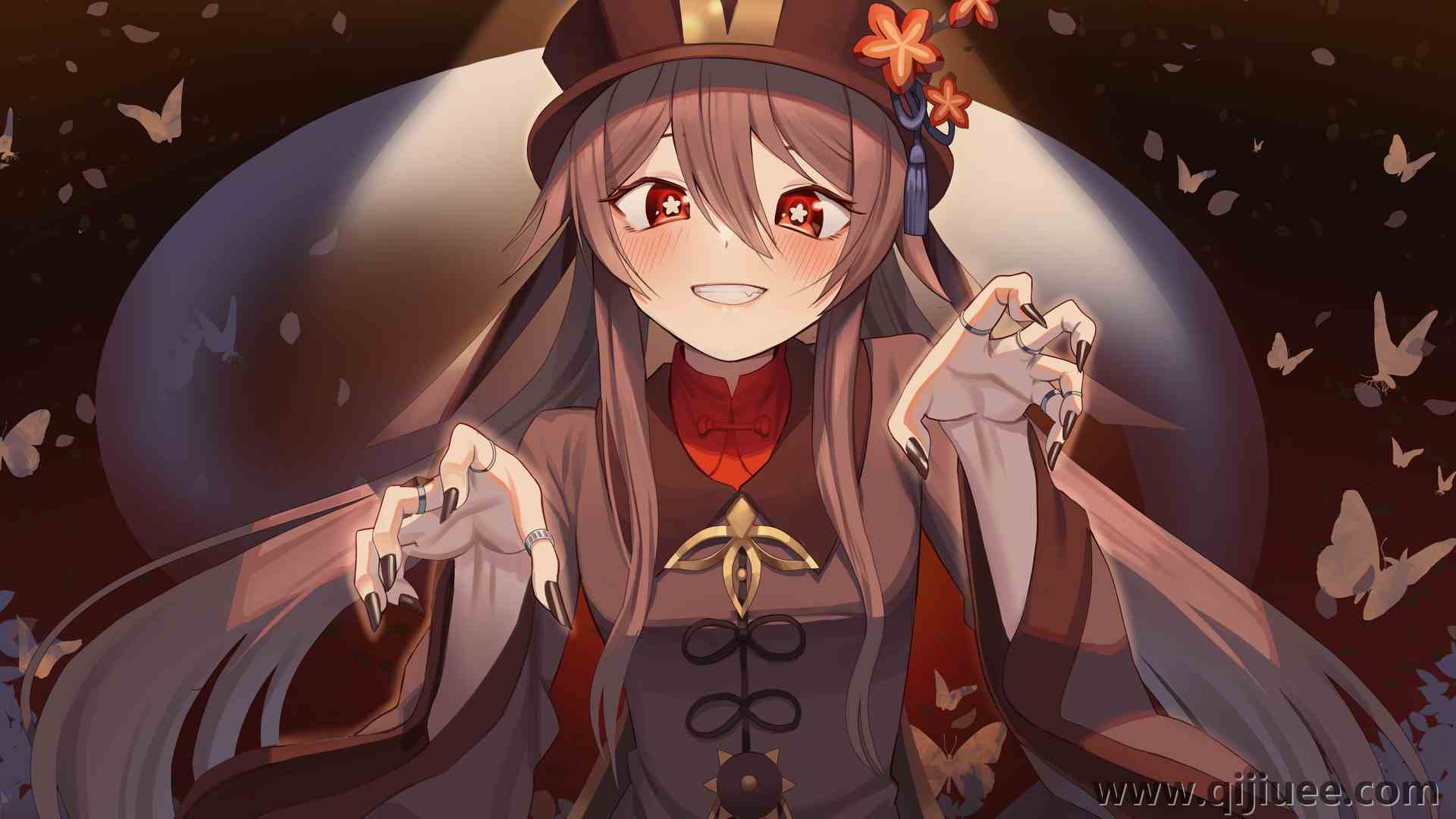 胡桃 原神 长发 头发 红眼睛 微笑 动漫 女孩 蝴蝶 腮红  电脑壁纸 4K壁纸4000 x 2500/4.22 MB-柒染云阁