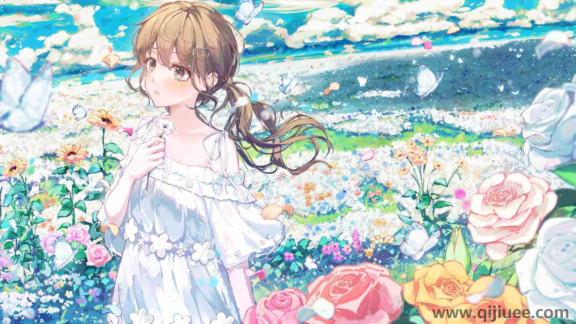 黑发 长发 马尾辫 动漫 少女 田野 花朵 蝴蝶 白色 连衣裙 向日葵 花瓣 天空  电脑壁纸 4K壁纸4096 x 2304/1.62 MB-柒染云阁