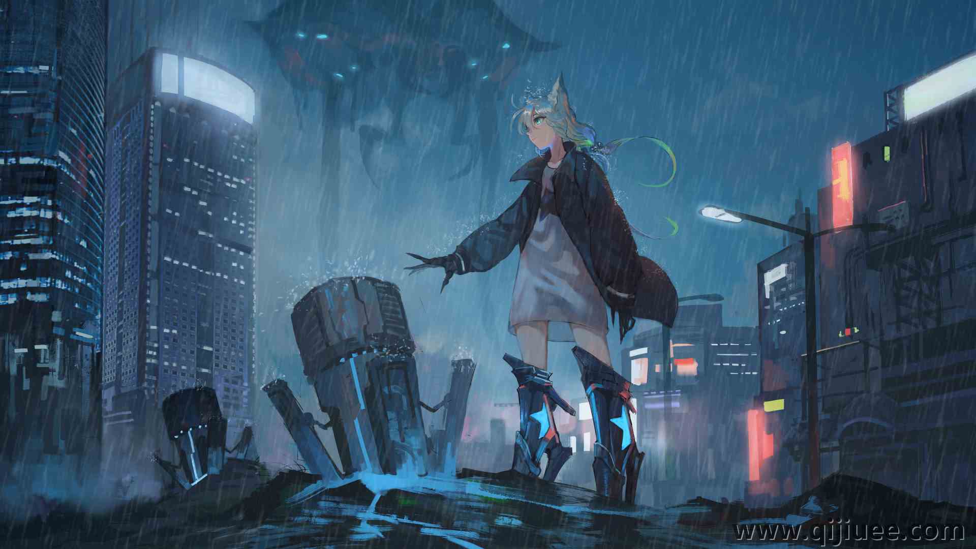 动漫女孩 动漫 黑暗 城市景观 雨  电脑壁纸 4K壁纸4048 x 2480/2.28 MB-柒染云阁