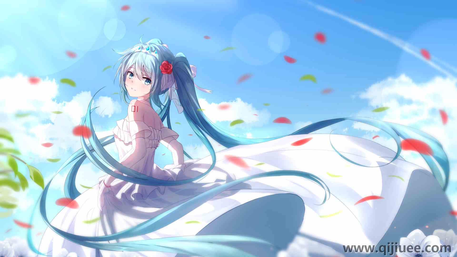 蓝头发 长发 蓝眼睛 初音 小提琴 动漫 女孩 双尾 连衣裙 白色  电脑壁纸 4K壁纸6115 x 3760/6.01 MB-柒染云阁