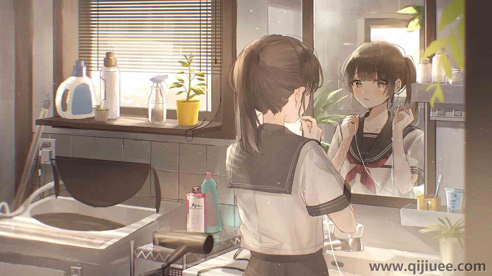 眼泪 深色 头发 马尾辫 动漫 女孩 浴室 镜子 倒影 耳机 校服  电脑壁纸 4K壁纸4096 x 2550/6.83 MB-柒染云阁