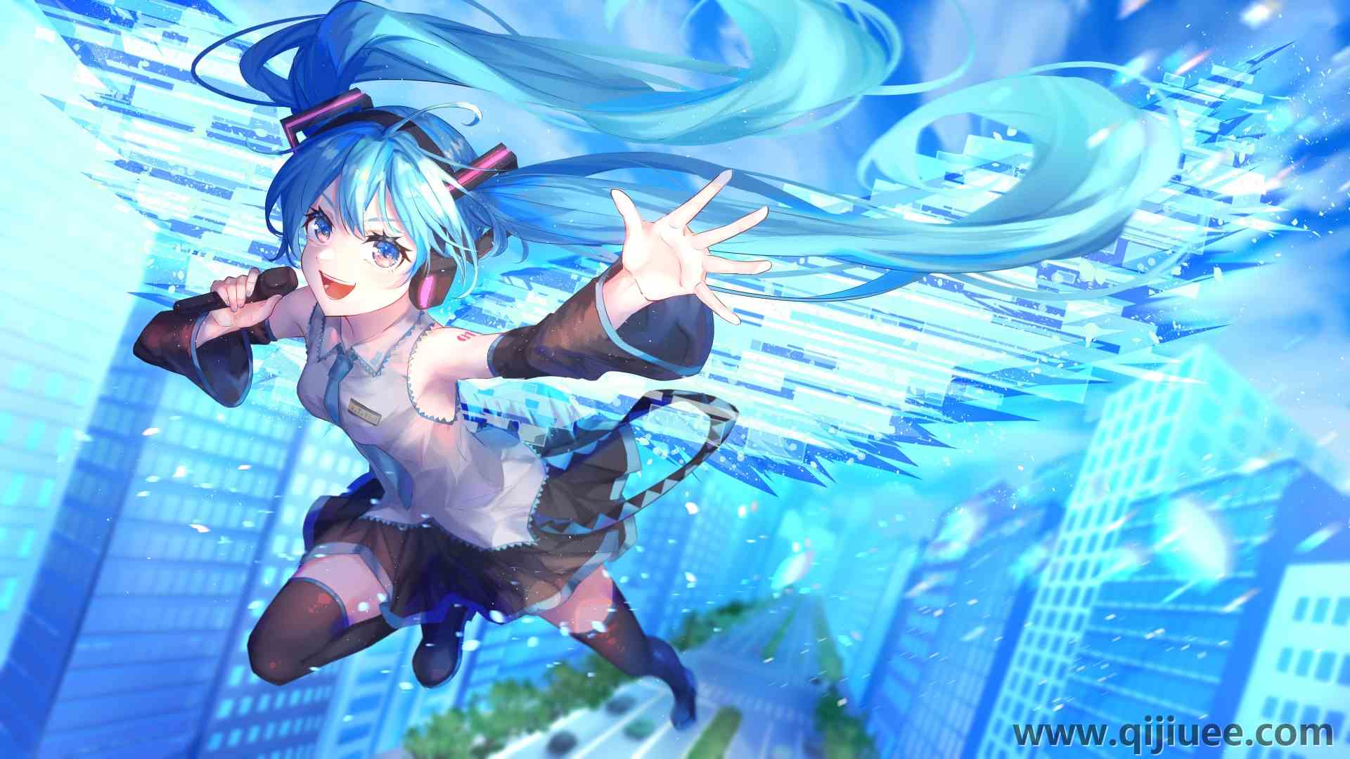 蓝头发 长发 蓝眼睛 初音 双尾 电脑壁纸 8K壁纸8640 x 4860/5.47 MB-柒染云阁