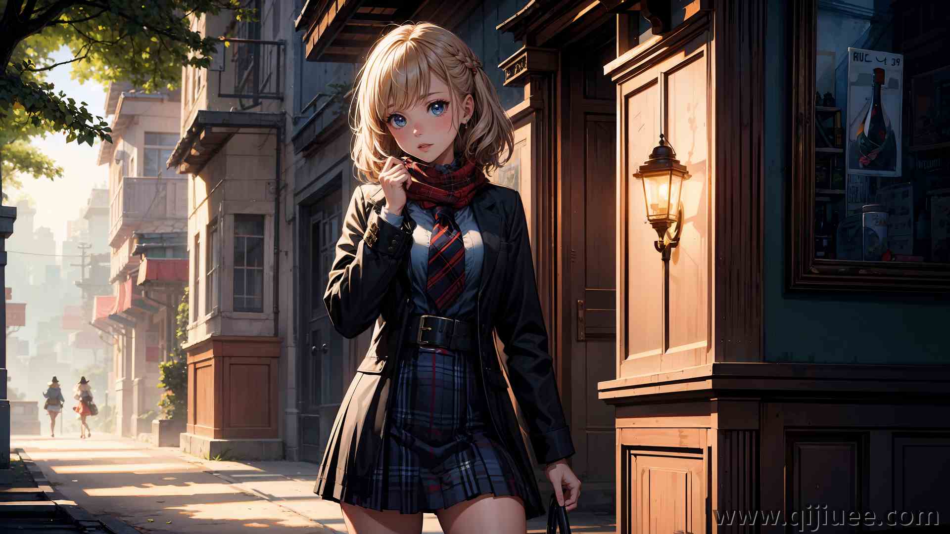 蓝眼睛 短发 金发 辫子 大腿 站立 女学生 艺术 动漫女孩 校服 围巾 电脑壁纸 4K壁纸3840 x 2160/14.07 MB-柒染云阁