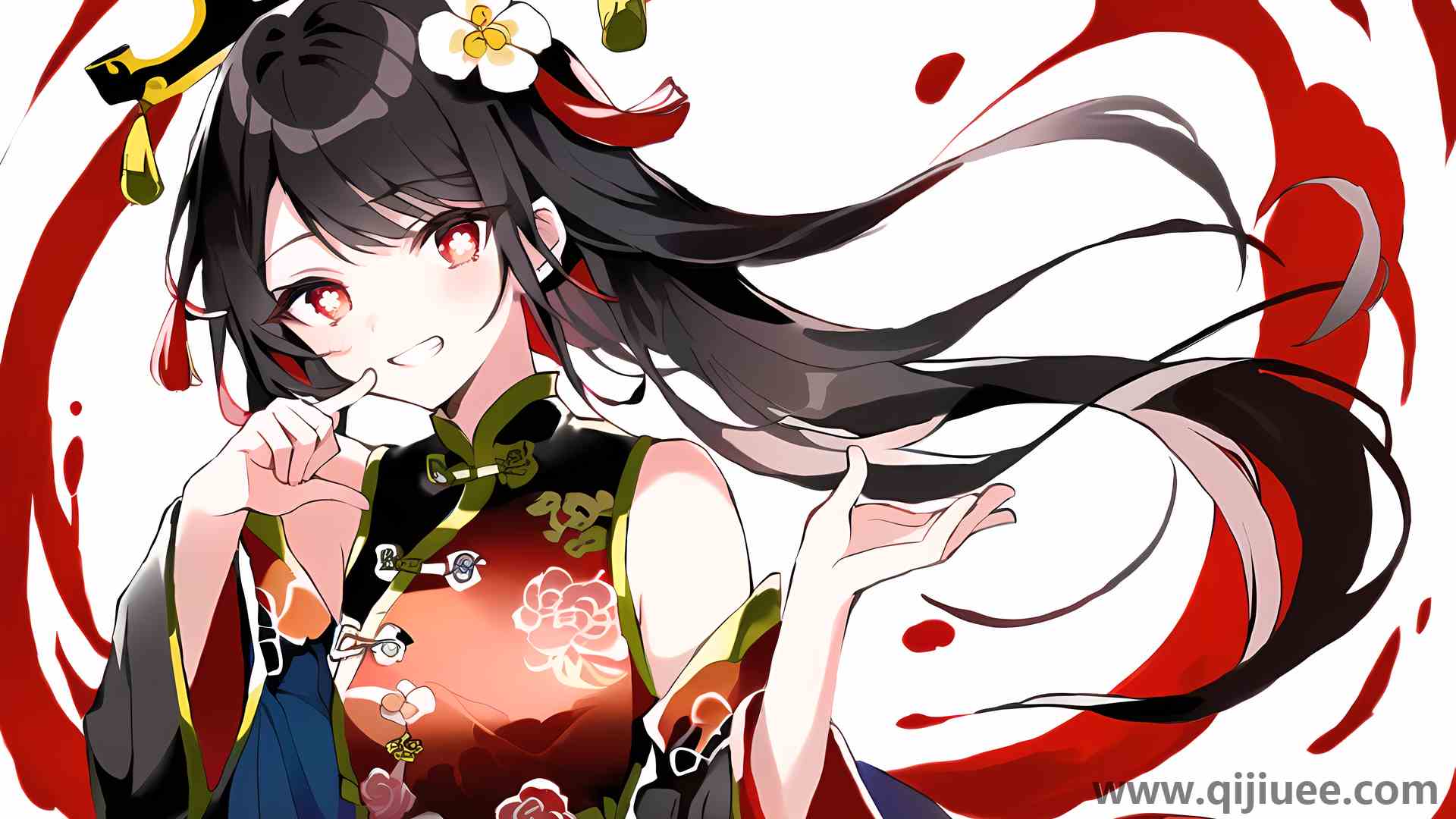 胡桃 原神 红眼睛 动漫女孩 黑发 中国服饰 头发 花  电脑壁纸 4K壁纸4608 x 3072/6.93 MB-柒染云阁