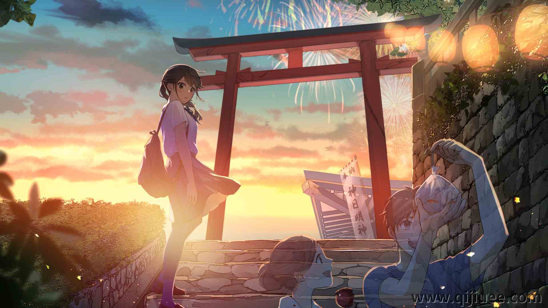 女学生 动漫 动漫女孩 校服 日落 夕阳 晚霞 动漫男孩 烟花  电脑壁纸 4K壁纸4093 x 2894/10.61 MB-柒染云阁