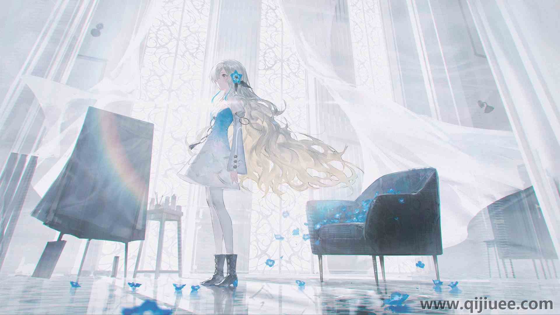 长发 虚拟 椅子 靴子 白色 动漫女孩 动漫 连衣裙  电脑壁纸 4K壁纸4096 x 2305/1.28 MB-柒染云阁