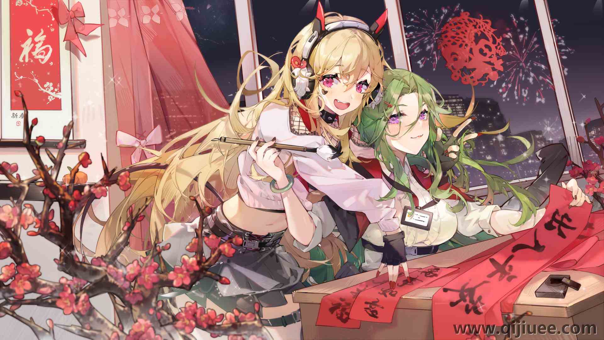 春节 烟花 梅花 剪纸 对联 砚 毛笔 红色 新年 喜庆 动漫 女孩 电脑壁纸 4K壁纸3840 x 2160/1.32 MB-柒染云阁