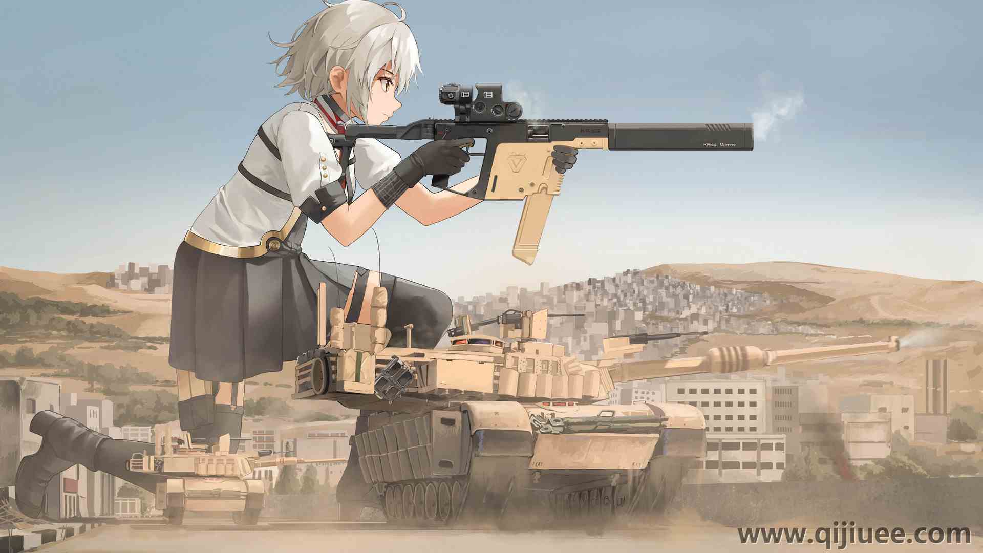 短发 持枪女孩 动漫女孩 坦克 武器 少女前线 制服 天空 城市 建筑 军用车辆 手套 枪  电脑壁纸 4K壁纸7428 x 4382/1.9 MB-柒染云阁