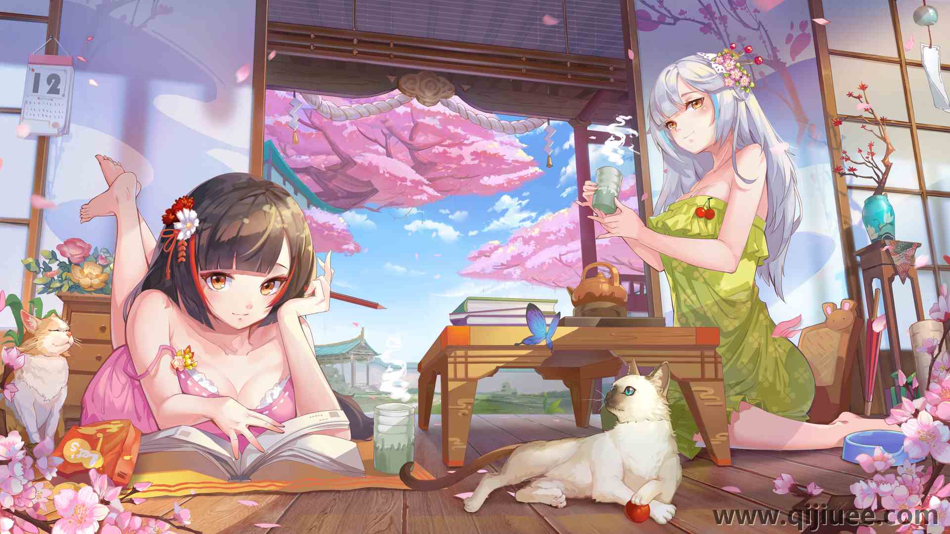 动漫 动漫女孩 樱桃树 樱花 短发 可爱 萝莉 电脑壁纸 4K壁纸5464 x 3072/8.69 MB-柒染云阁