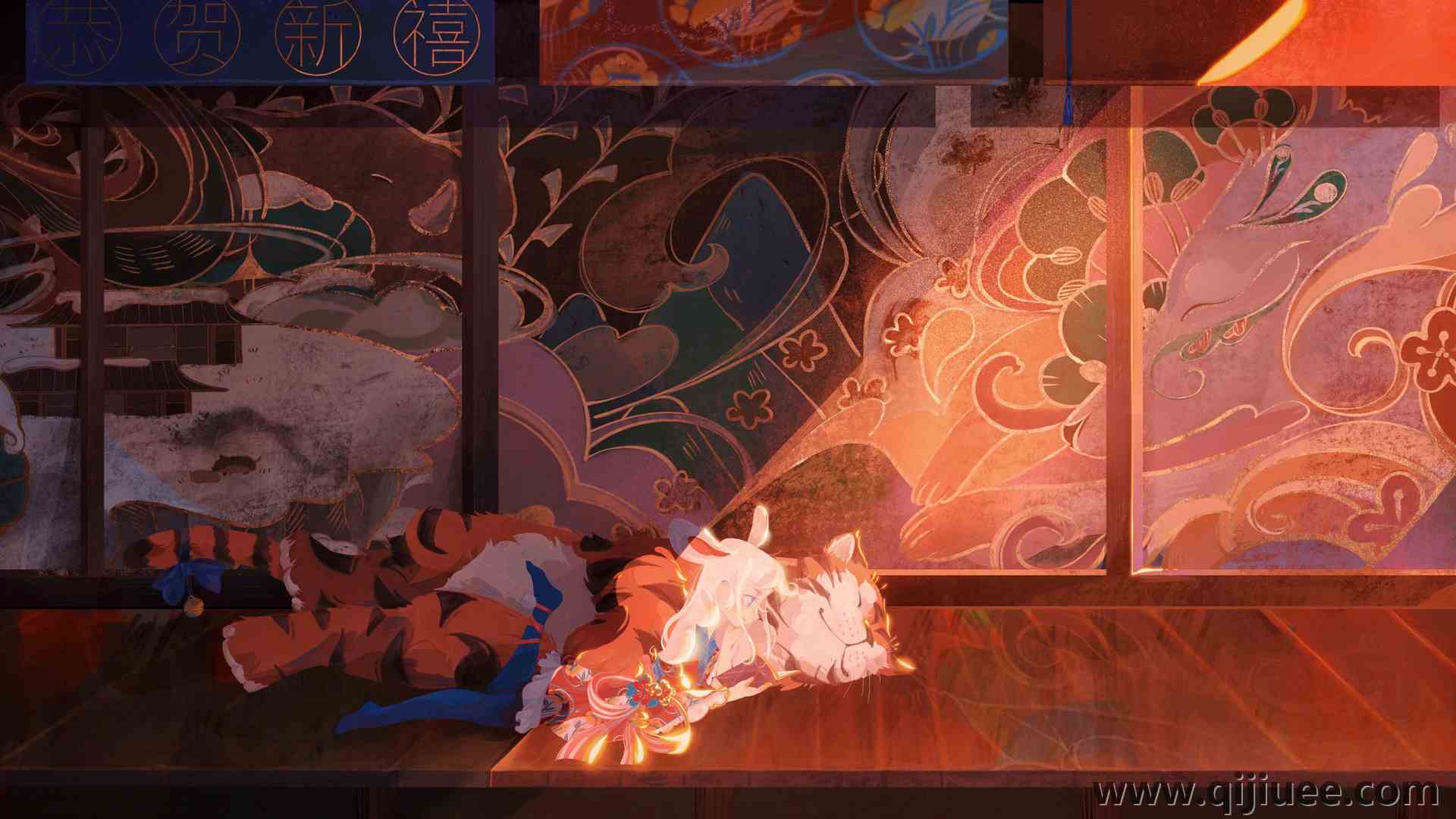 白发 老虎  阳光 兔耳朵 艺术 绘画 新年 电脑壁纸 4K壁纸5799 x 2671/5.22 MB-柒染云阁