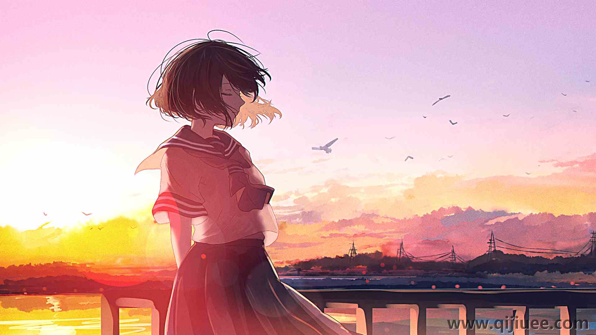 短发 米芙鲁 动漫 动漫女孩 日落 校服  电脑壁纸 4K壁纸3840 x 2160/5.37 MB-柒染云阁
