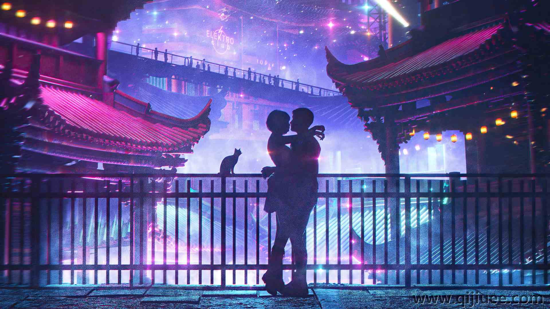 拥抱 爱 中国 夜 夜景 紫色 房子 AI艺术 霓虹灯 情侣  电脑壁纸 4K壁纸3840 x 2160/8.64 MB-柒染云阁