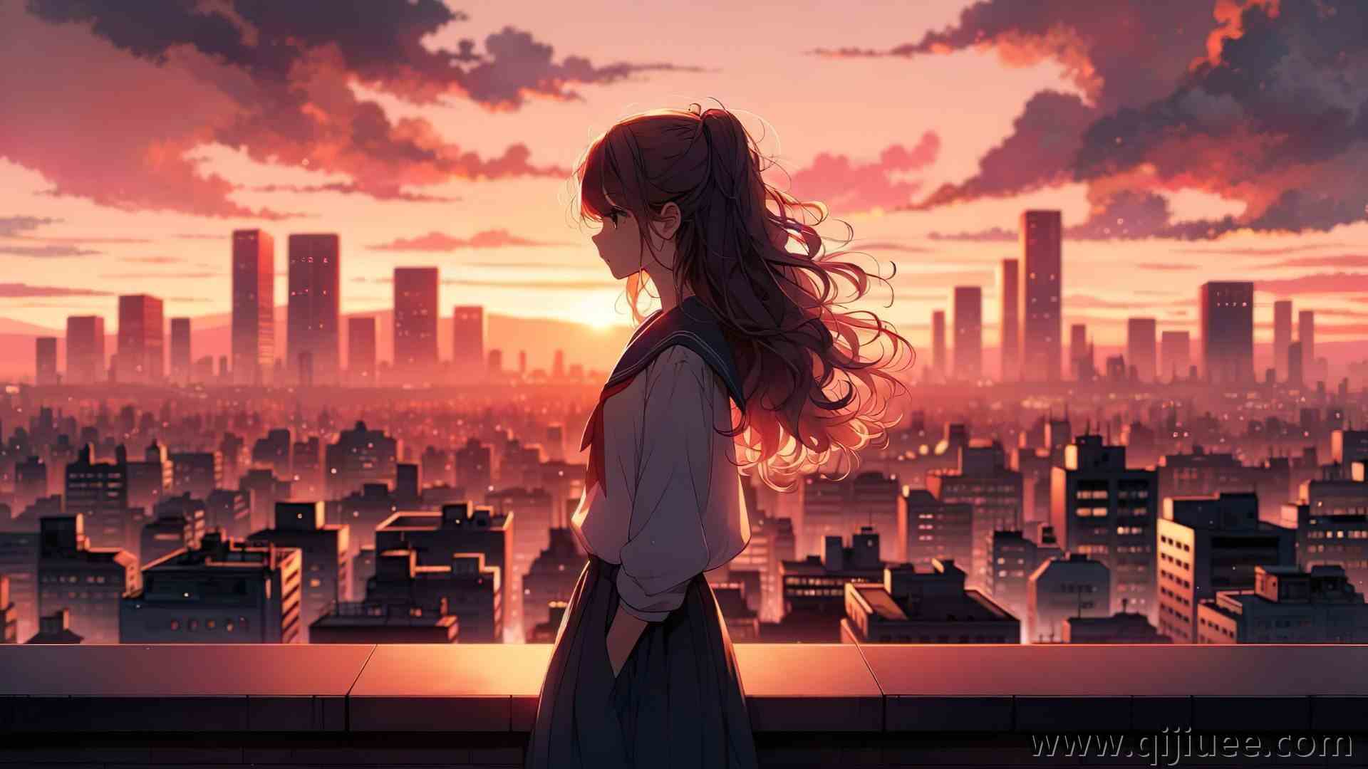 女学生 长发 红发 动漫女孩 校服 城市景观 日落 夕阳辉光 天空 风景  电脑壁纸 4K壁纸4800 x 2740/1.38 MB-柒染云阁