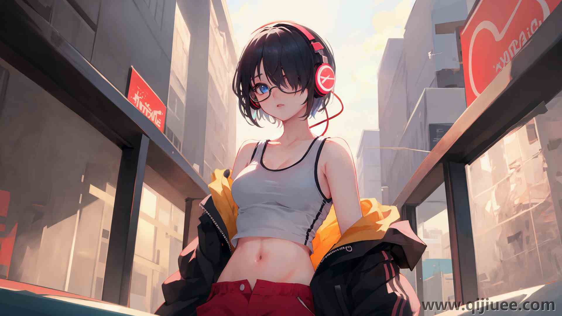 动漫 动漫女孩 艺术 眼镜 耳机 短发 运动 马甲线 电脑壁纸 4K壁纸3840 x 2160/11.23 MB-柒染云阁